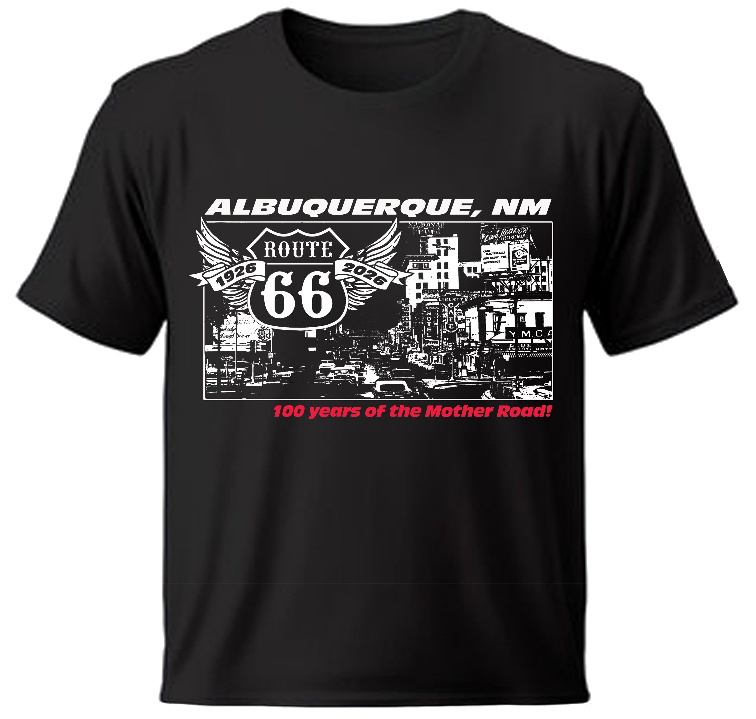 Black t-shirt with Route 66 design featuring Albuquerque, NM on a white background