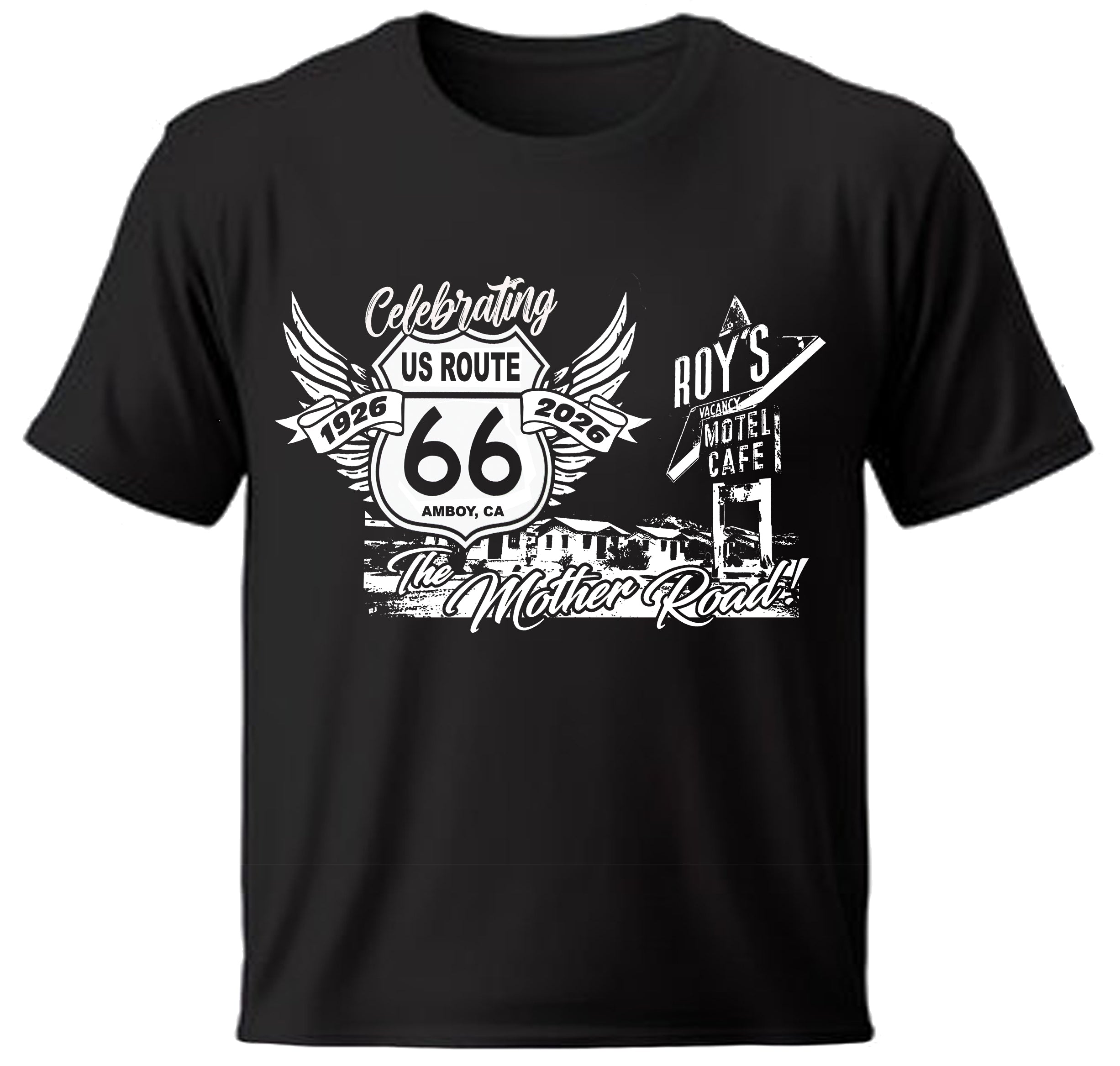 Black t-shirt with white graphic design featuring Route 66's Amboy Roy's Motel and Cafe  on a white background

