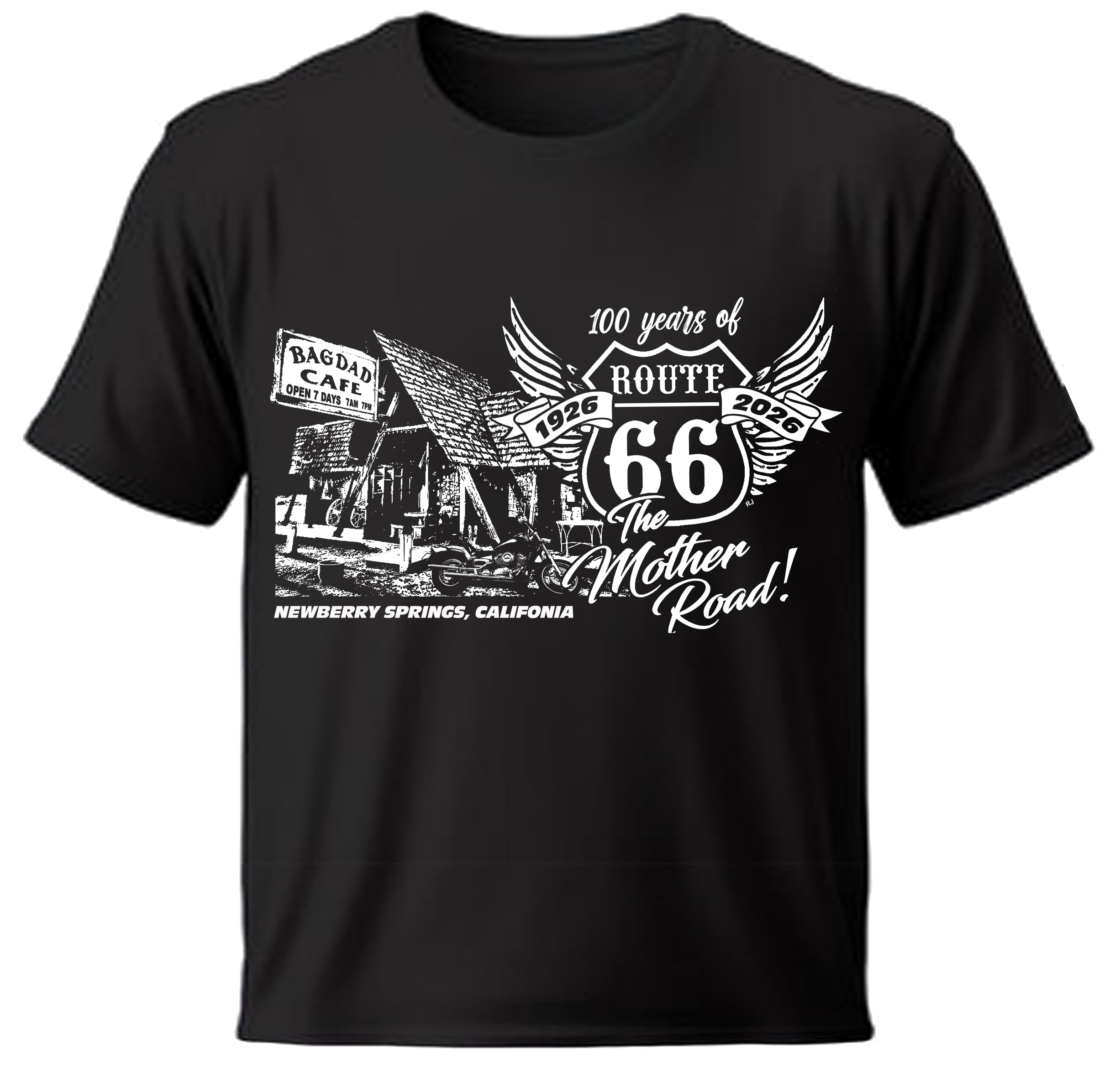 Black t-shirt with Bagdad Cafe and Route 66 graphic design on a white background

