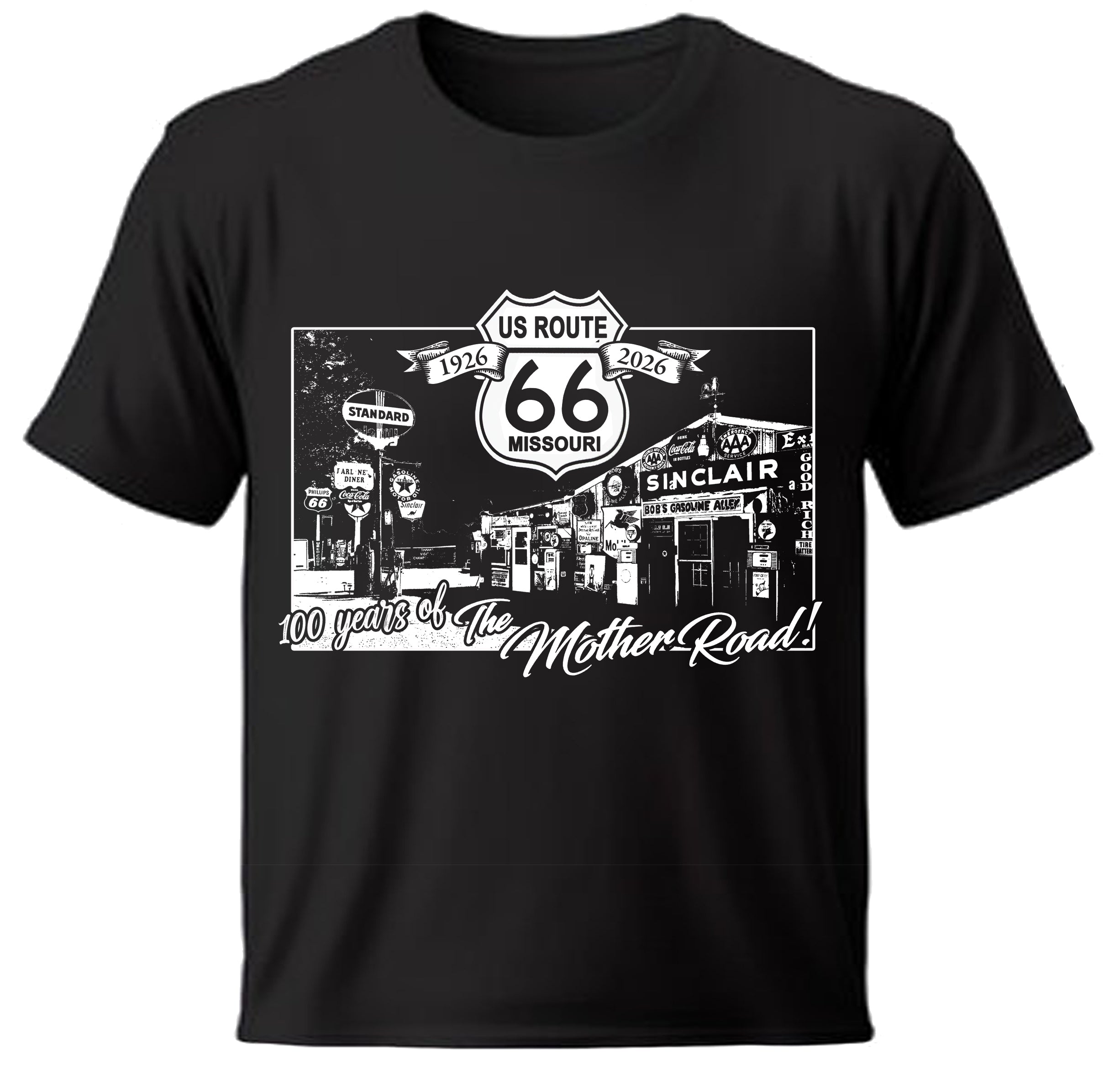 Black Bob's t-shirt with Route 66 graphic design on a white background