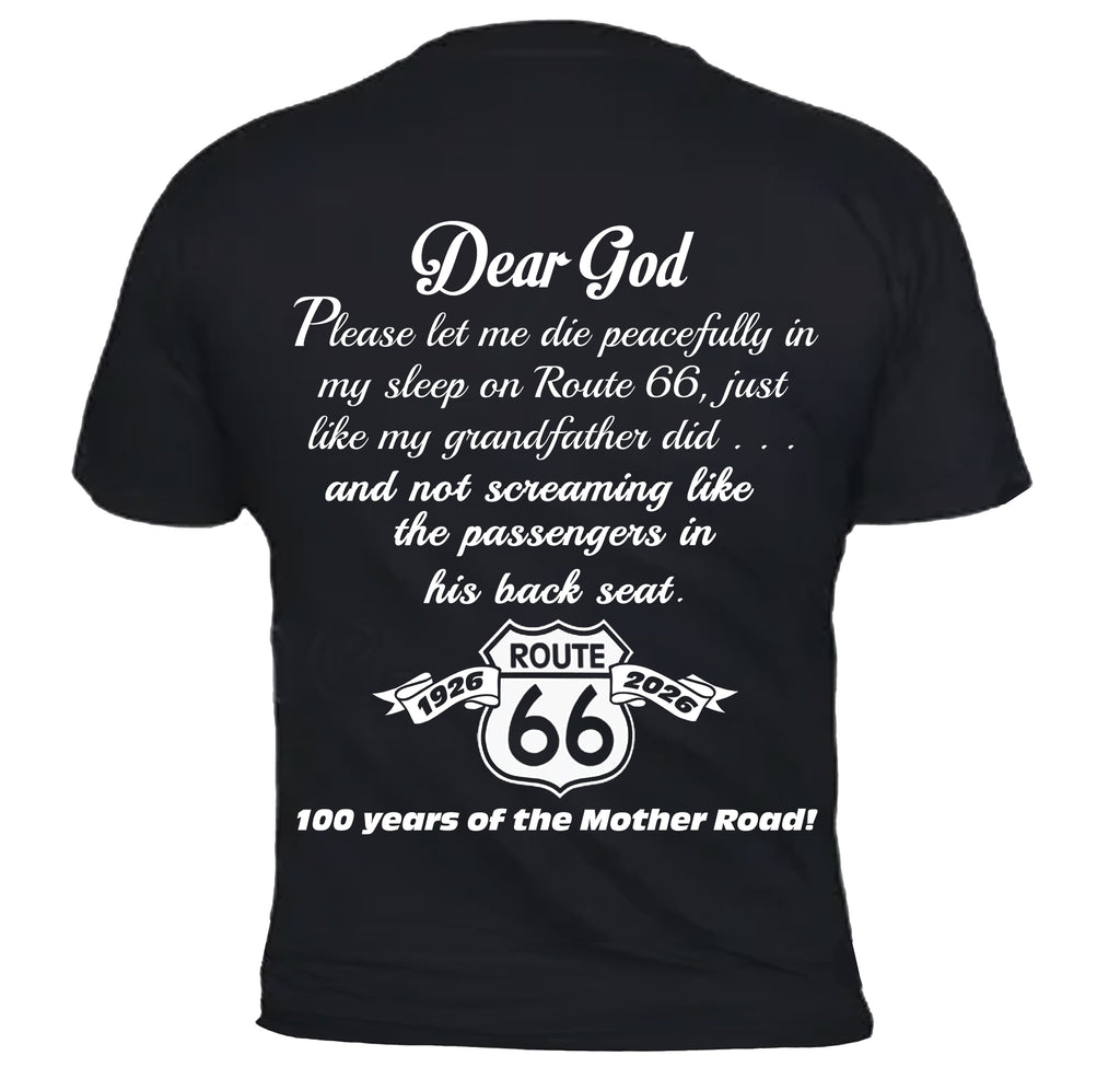 Black t-shirt with white text on the back, featuring a humorous Route 66 prayer
