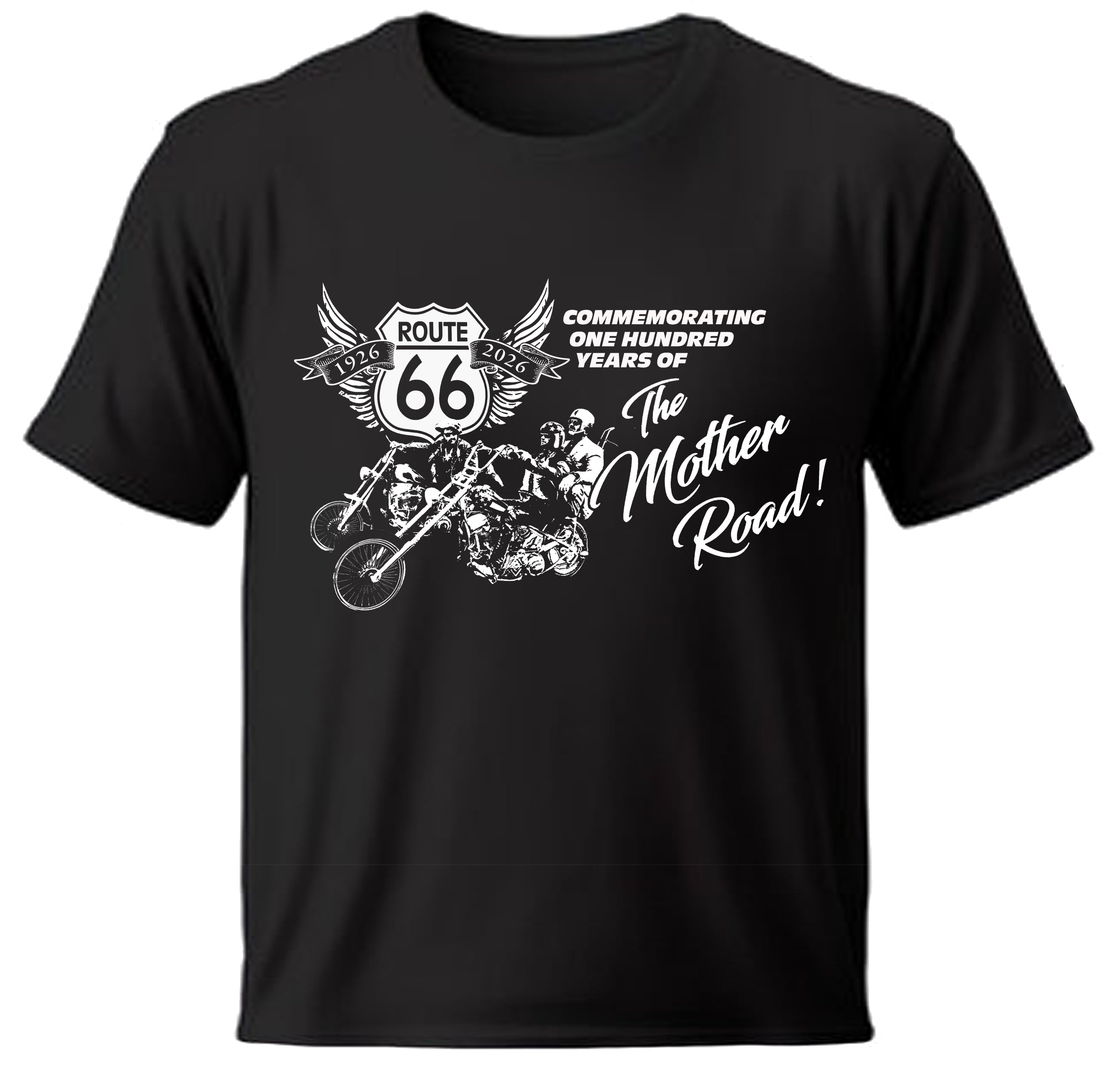 Black t-shirt with Route 66 and motorcycle graphic with text on a white background