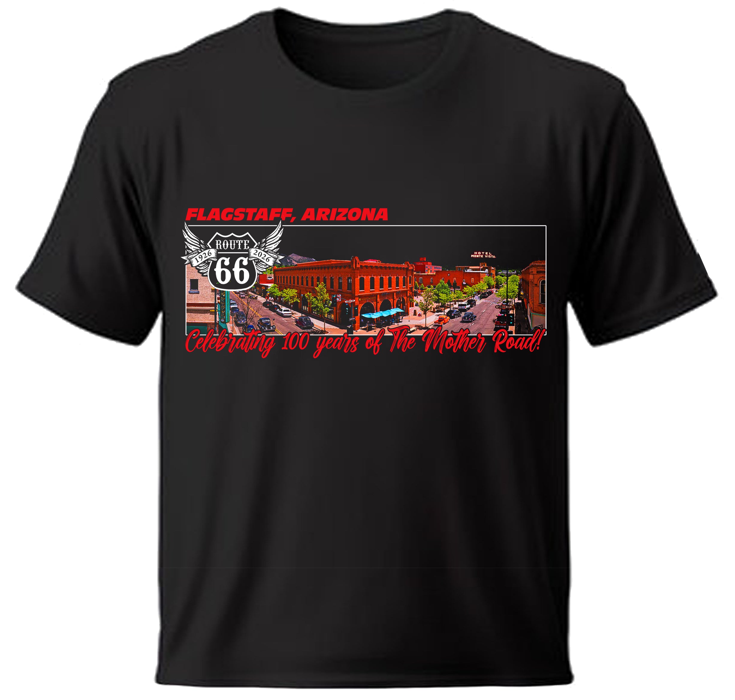 Black t-shirt with a full color graphic of Flagstaff, Arizona and Route 66 on a white background