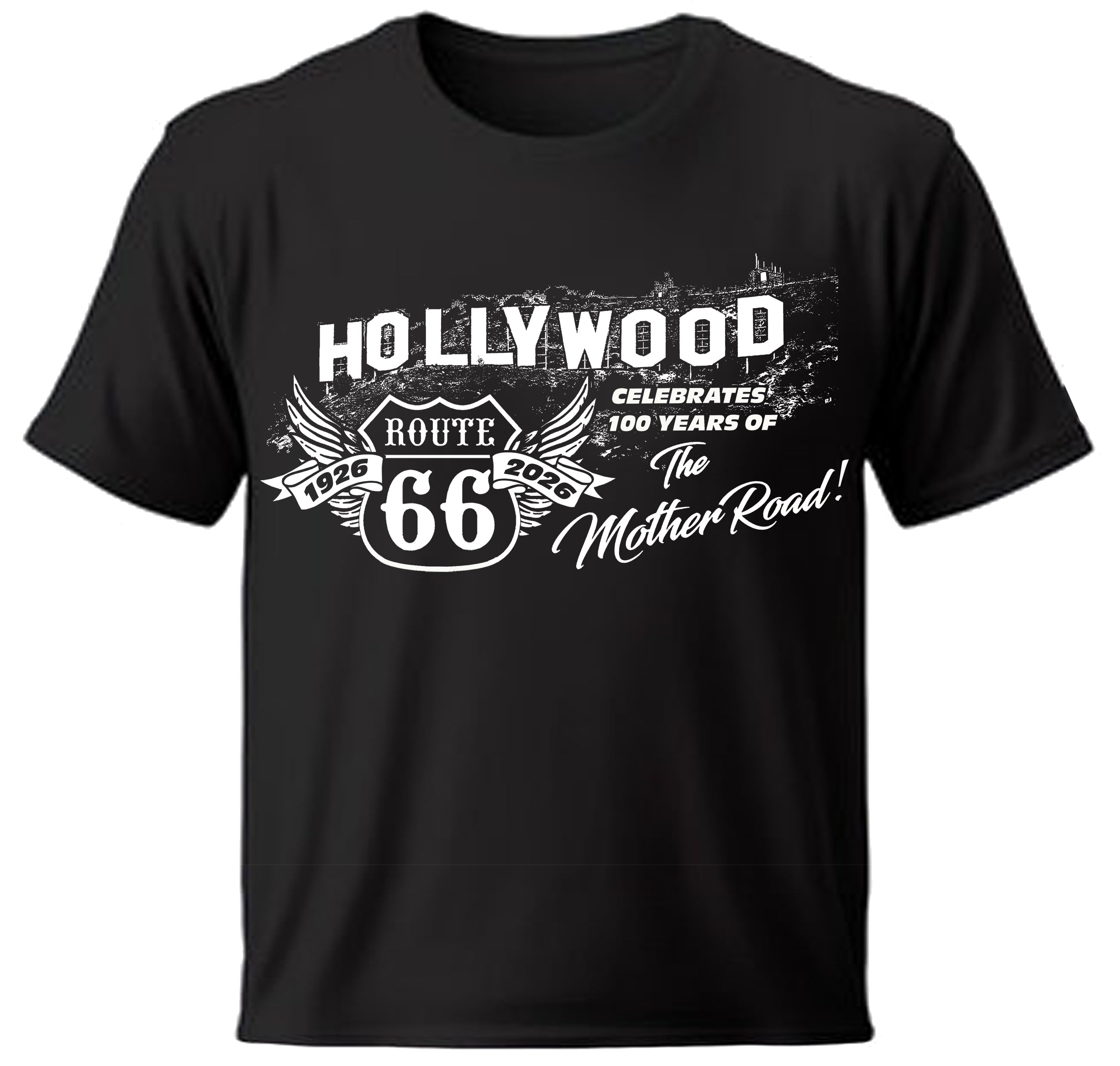 Black Route 66 t-shirt with  iconic Hollywood Sign graphic design on a white background