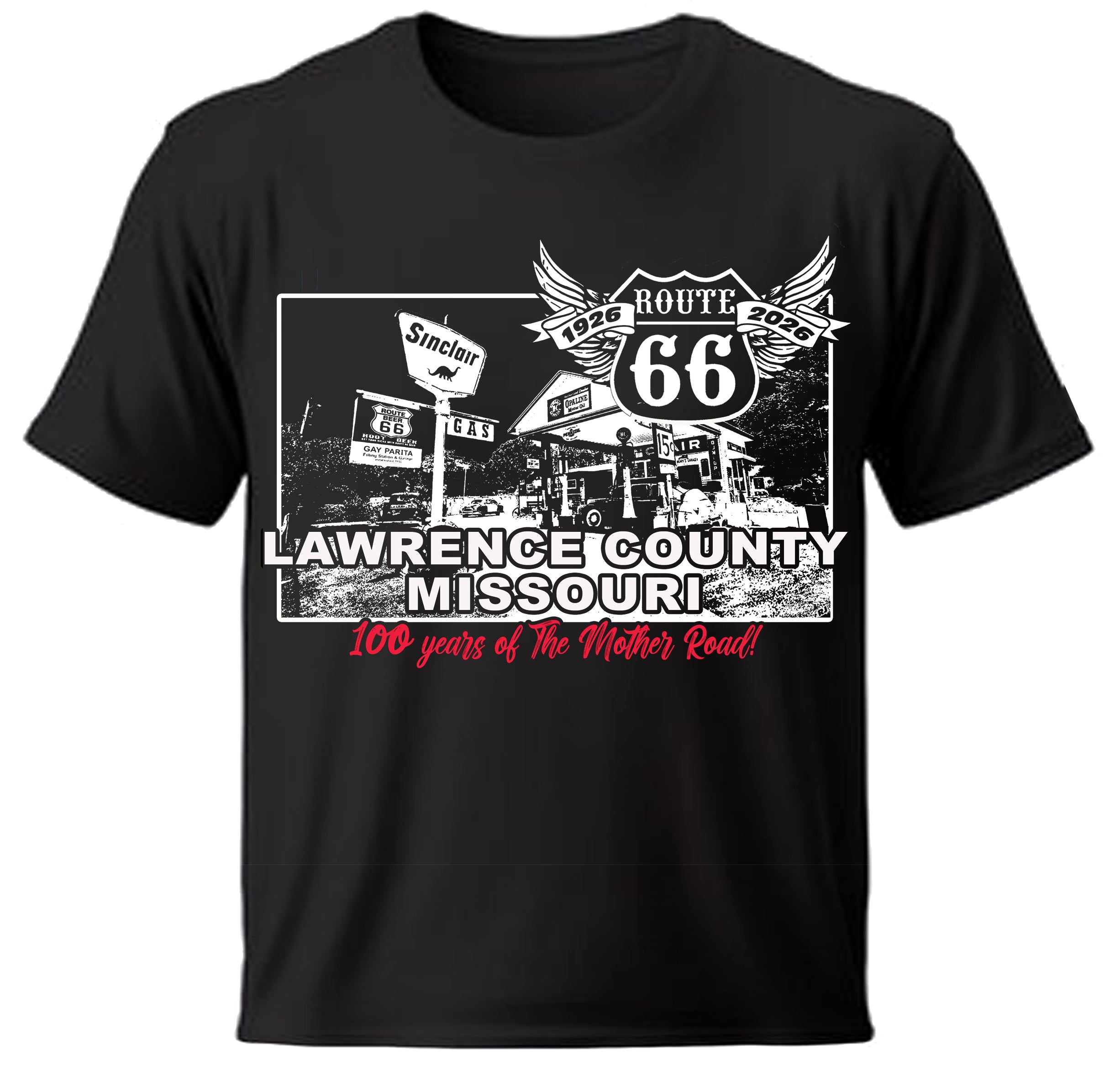 Black Missouri Sinclair t-shirt with Route 66 graphic design on a white background

