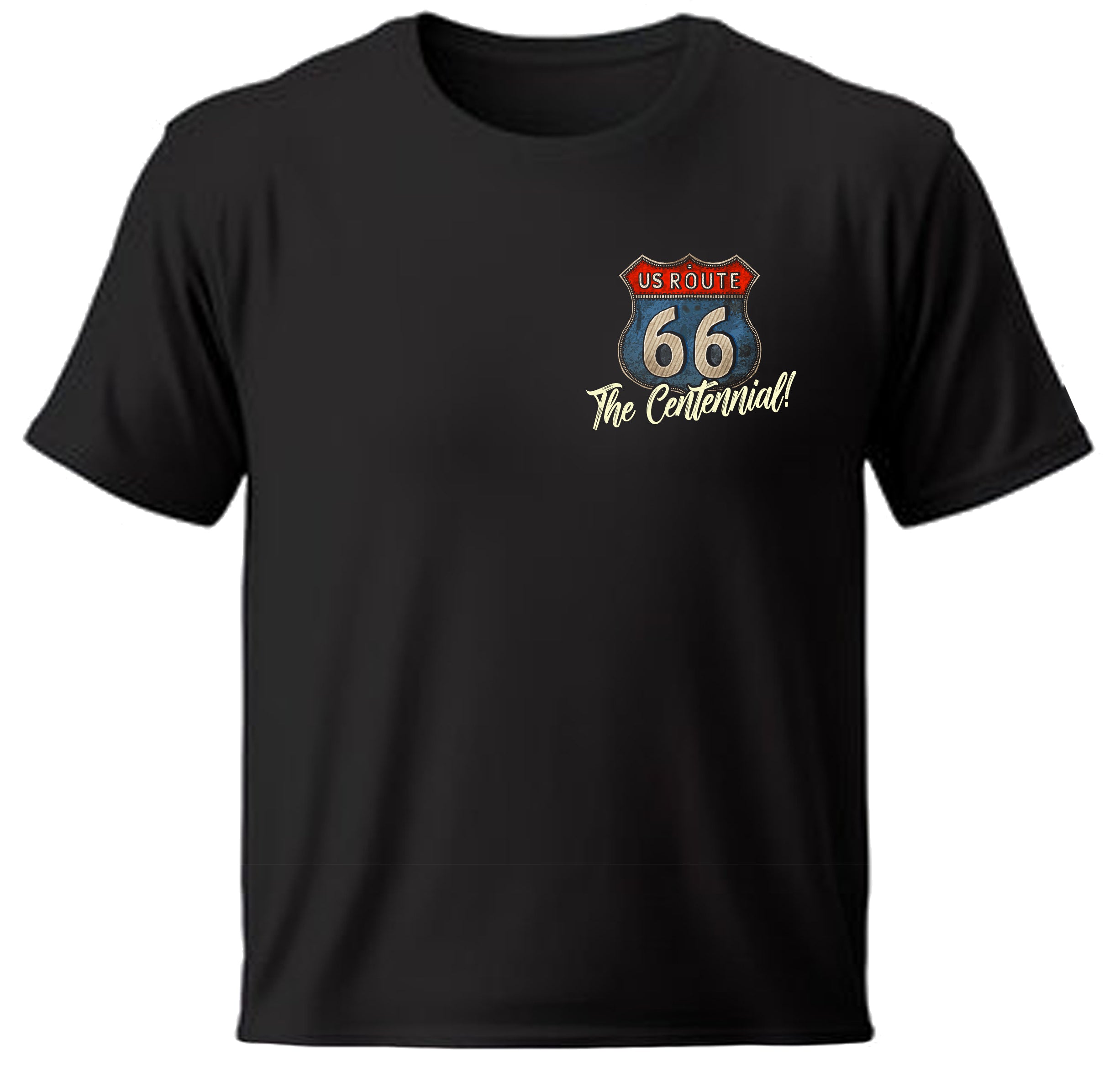 Black t-shirt with Route 66 left chest logo and text on a white background

