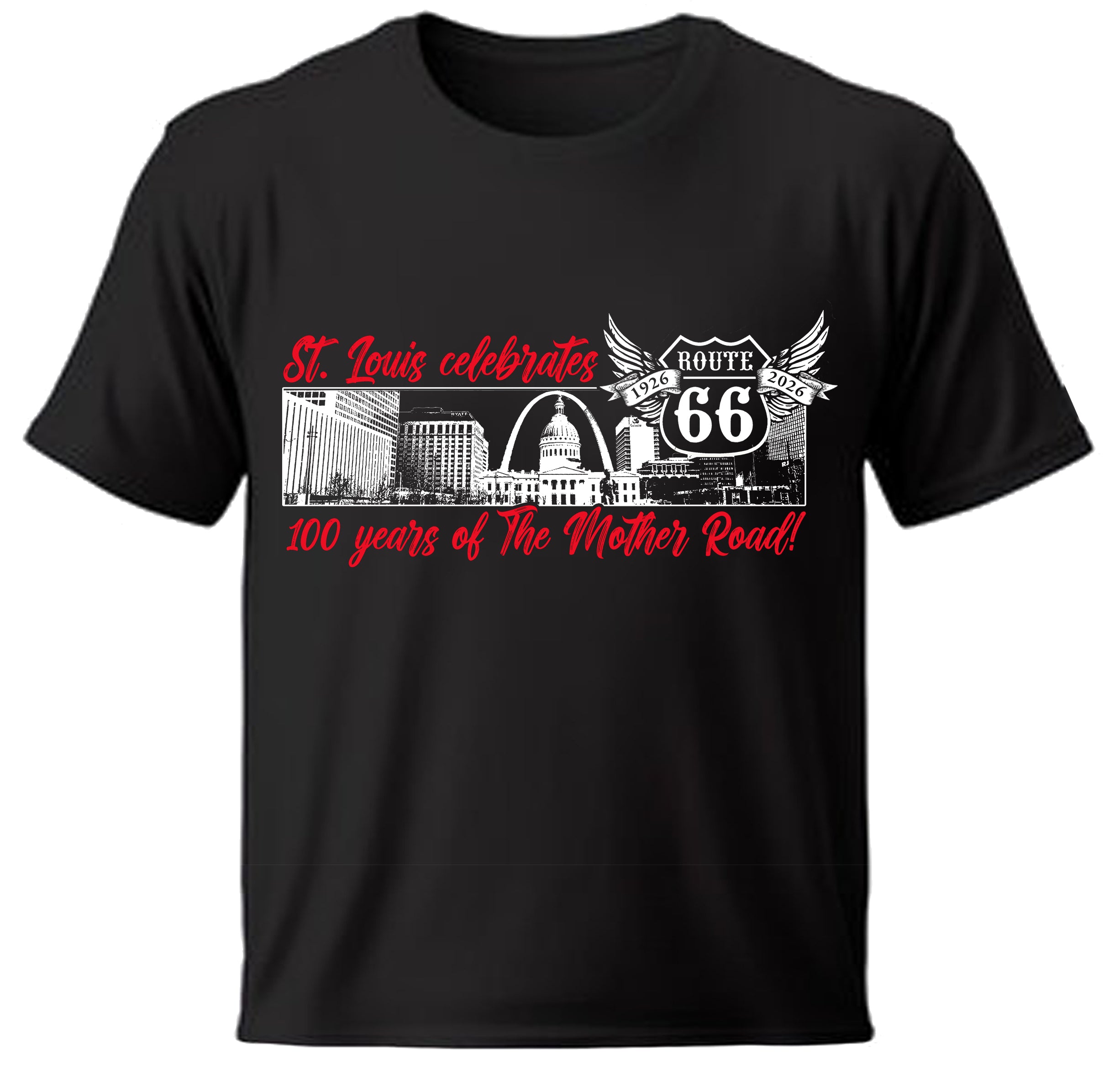 Black St Louis t-shirt with Route 66 graphic and text on a white background

