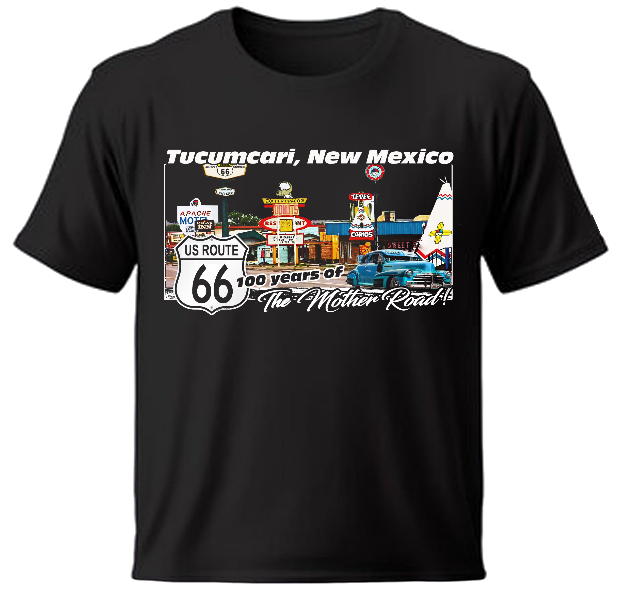 Black t-shirt with a graphic design of Route 66 and Tucumcari, New Mexico on a white background

