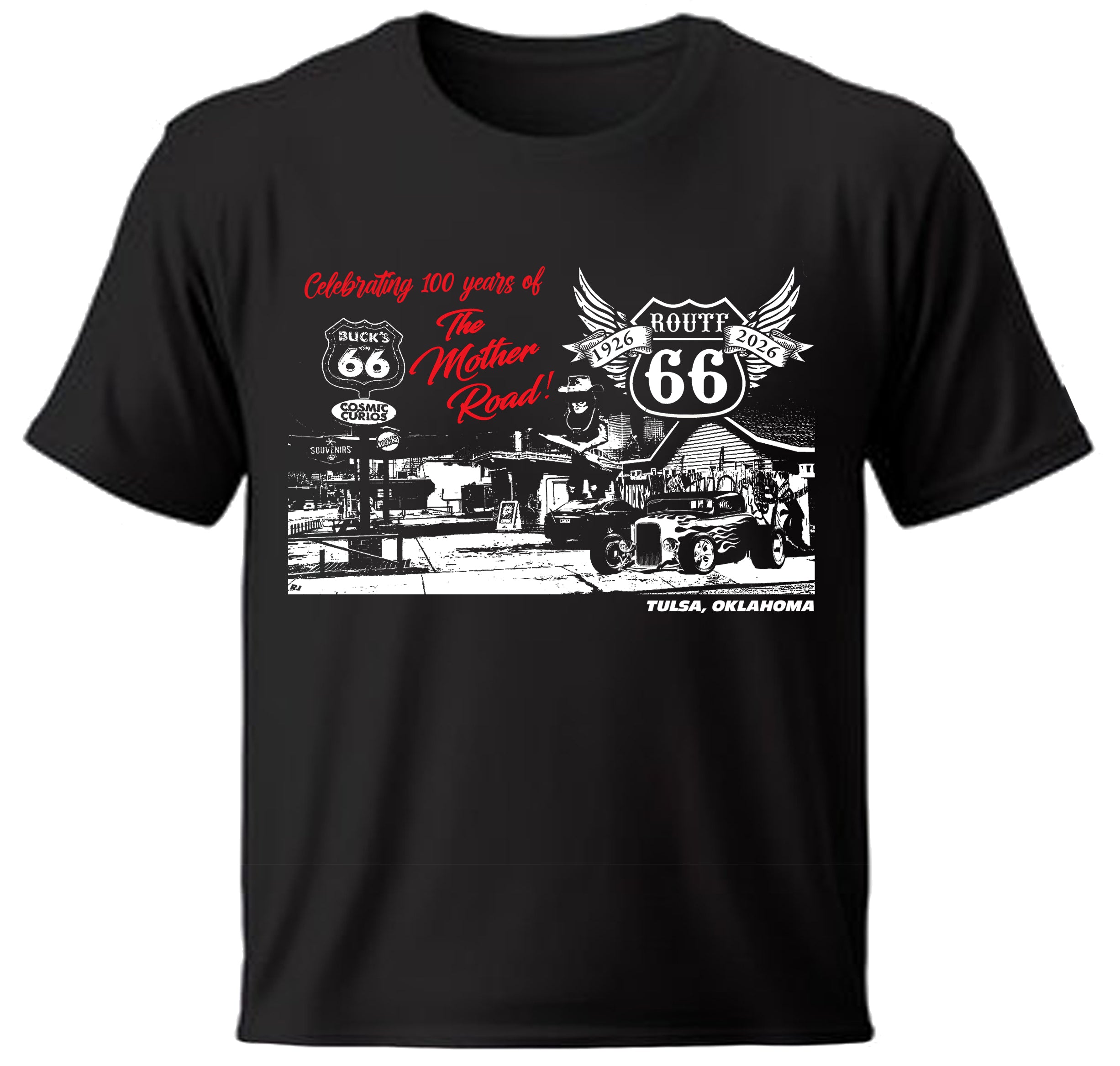 Black t-shirt with Route 66 Buck Atom graphic design on a white background

