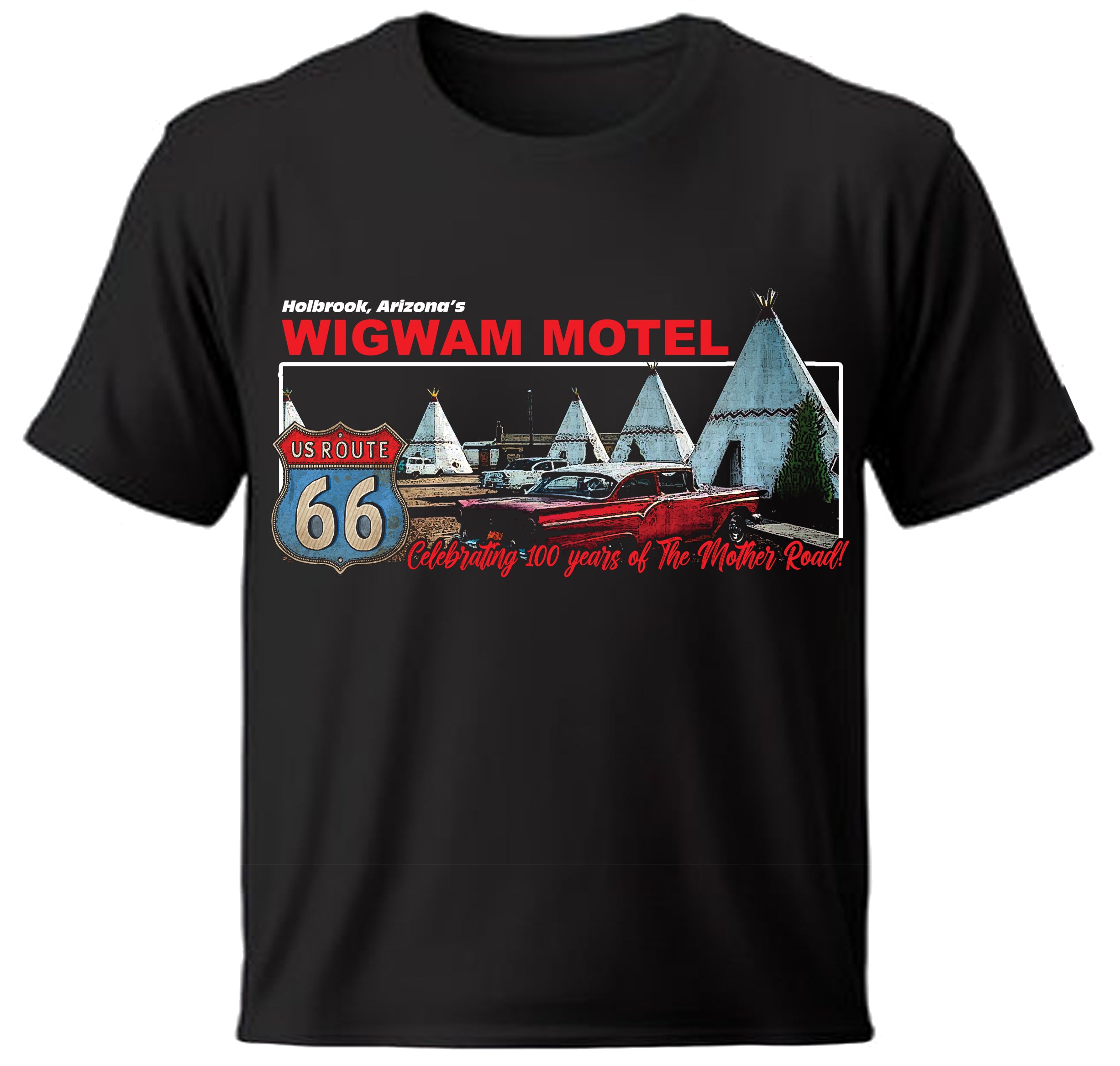 Black t-shirt with Wigwam Motel and Route 66 design on a white background