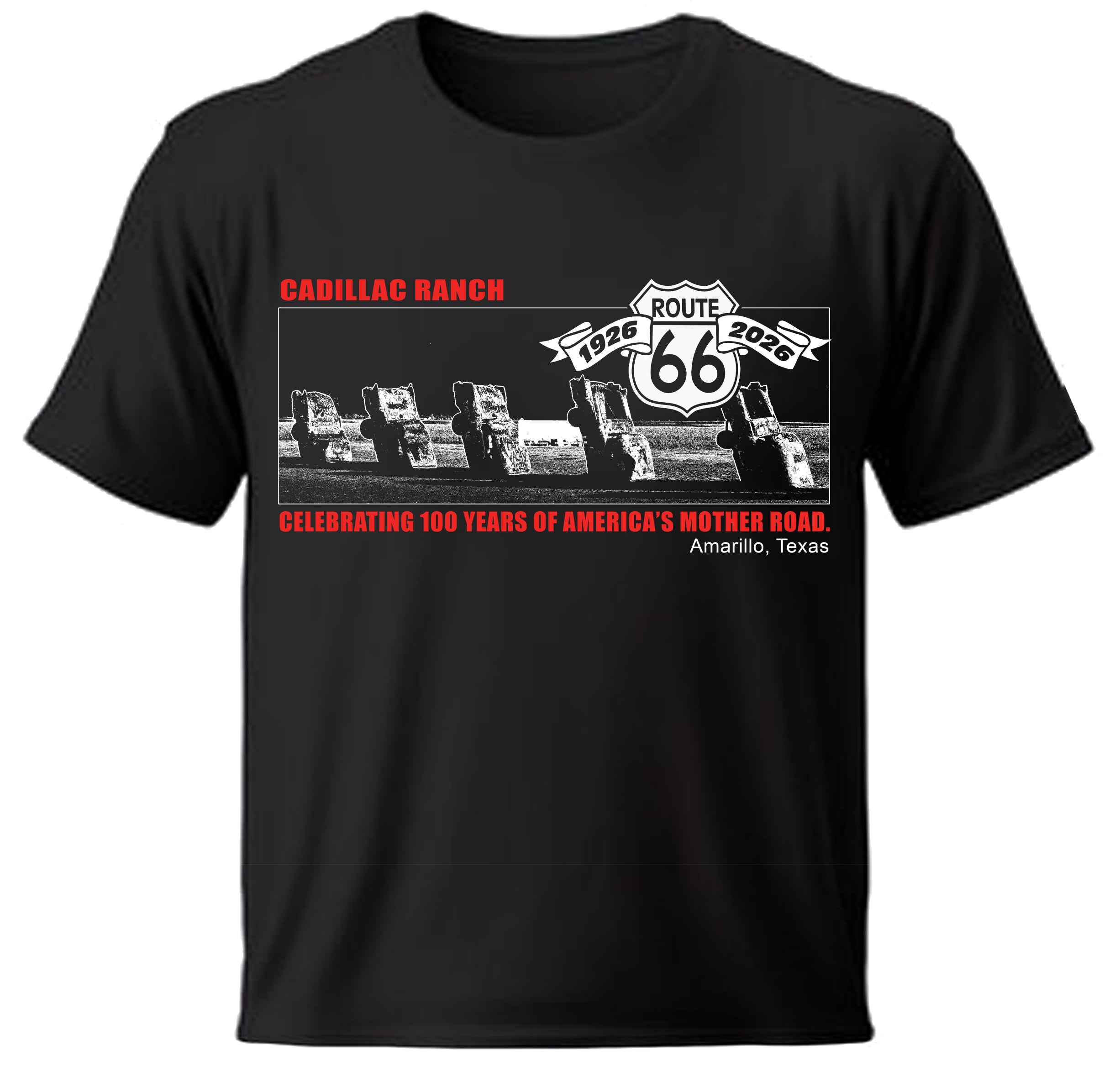 Black t-shirt with Route 66 and Cadillac Ranch graphic design on a white background