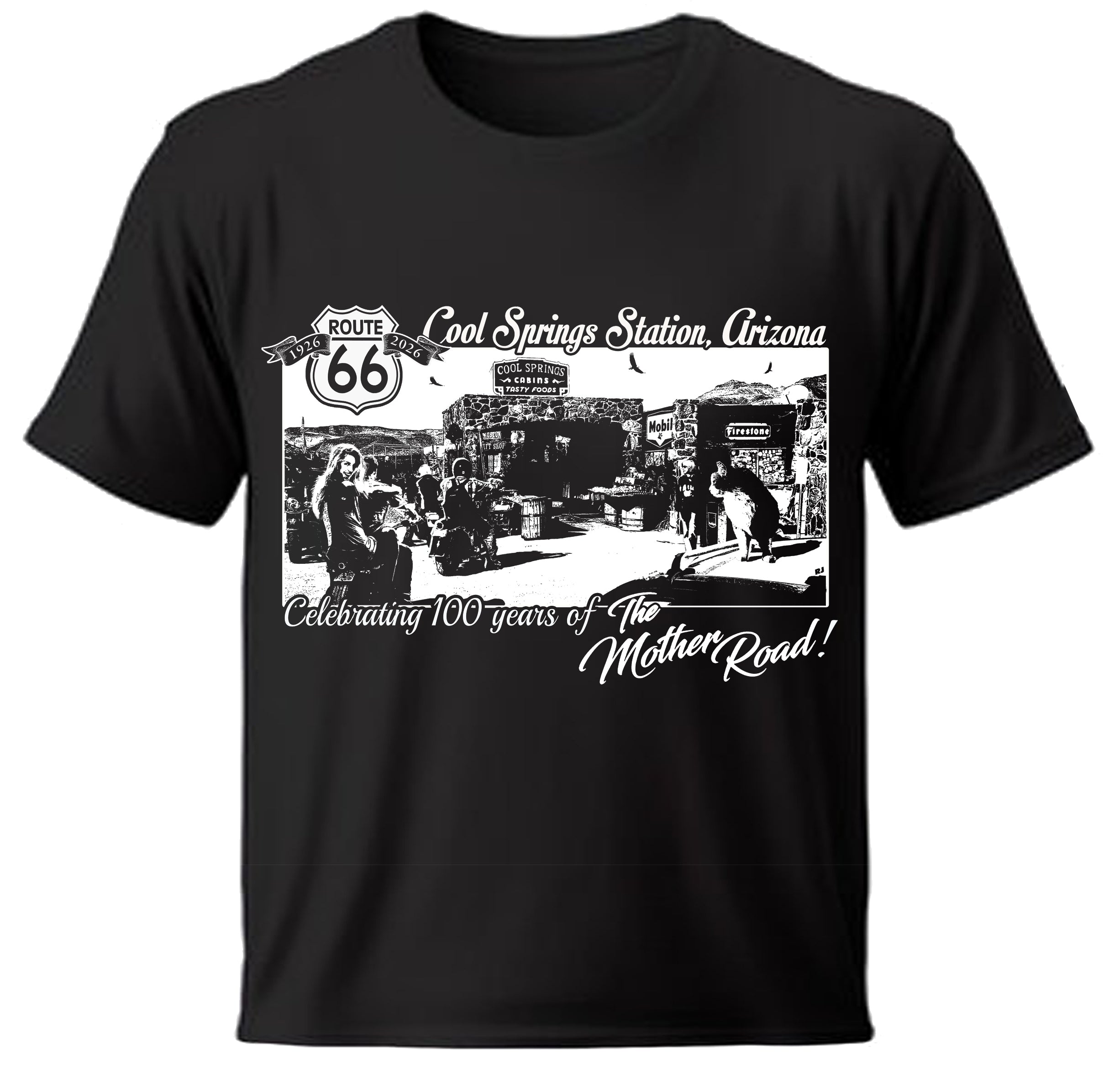 Black Route 66 t-shirt with Oatman, AZ graphic and text on a white background

