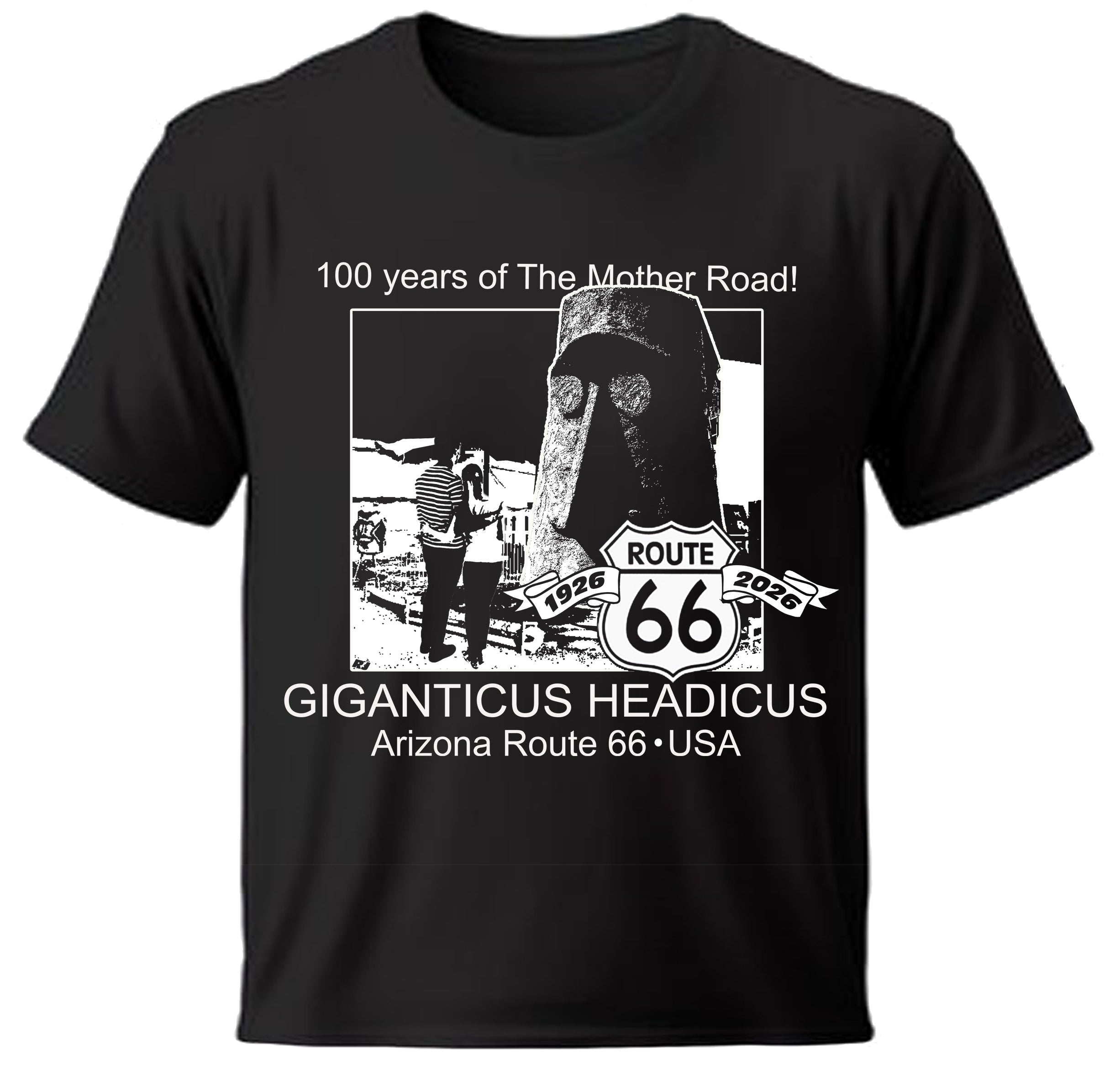 Black t-shirt with Route 66 Giganticus Headicus graphic on a white background