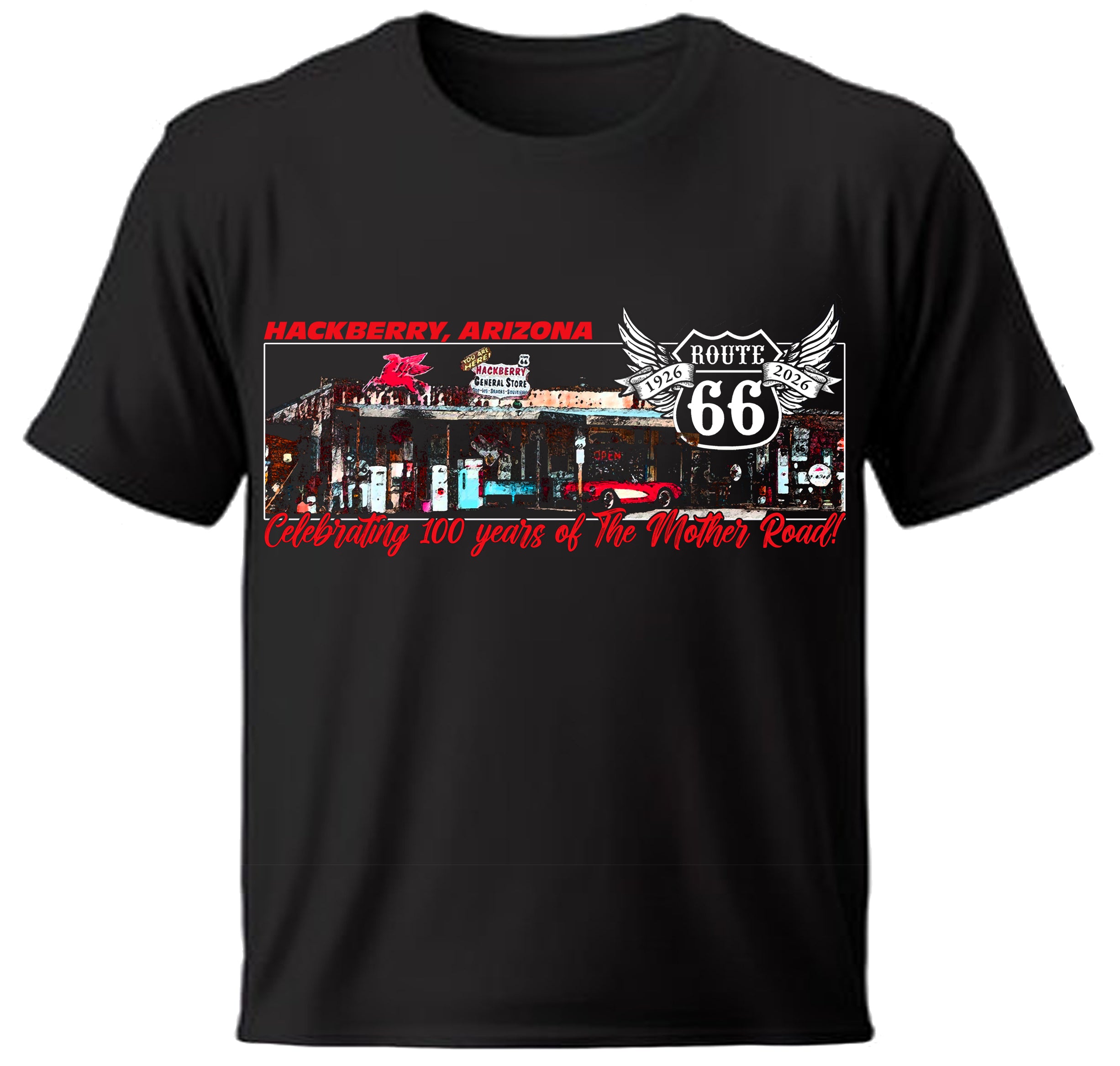 Black Hackberry, Arizona t-shirt with Route 66 graphic design on a white background