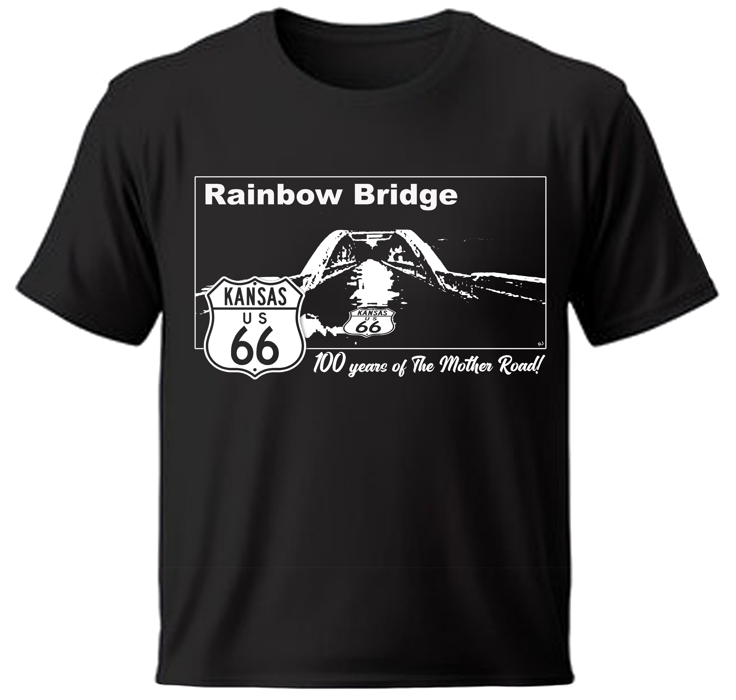 Black t-shirt with 'Rainbow Bridge Kansas US 66' graphic design on a white background