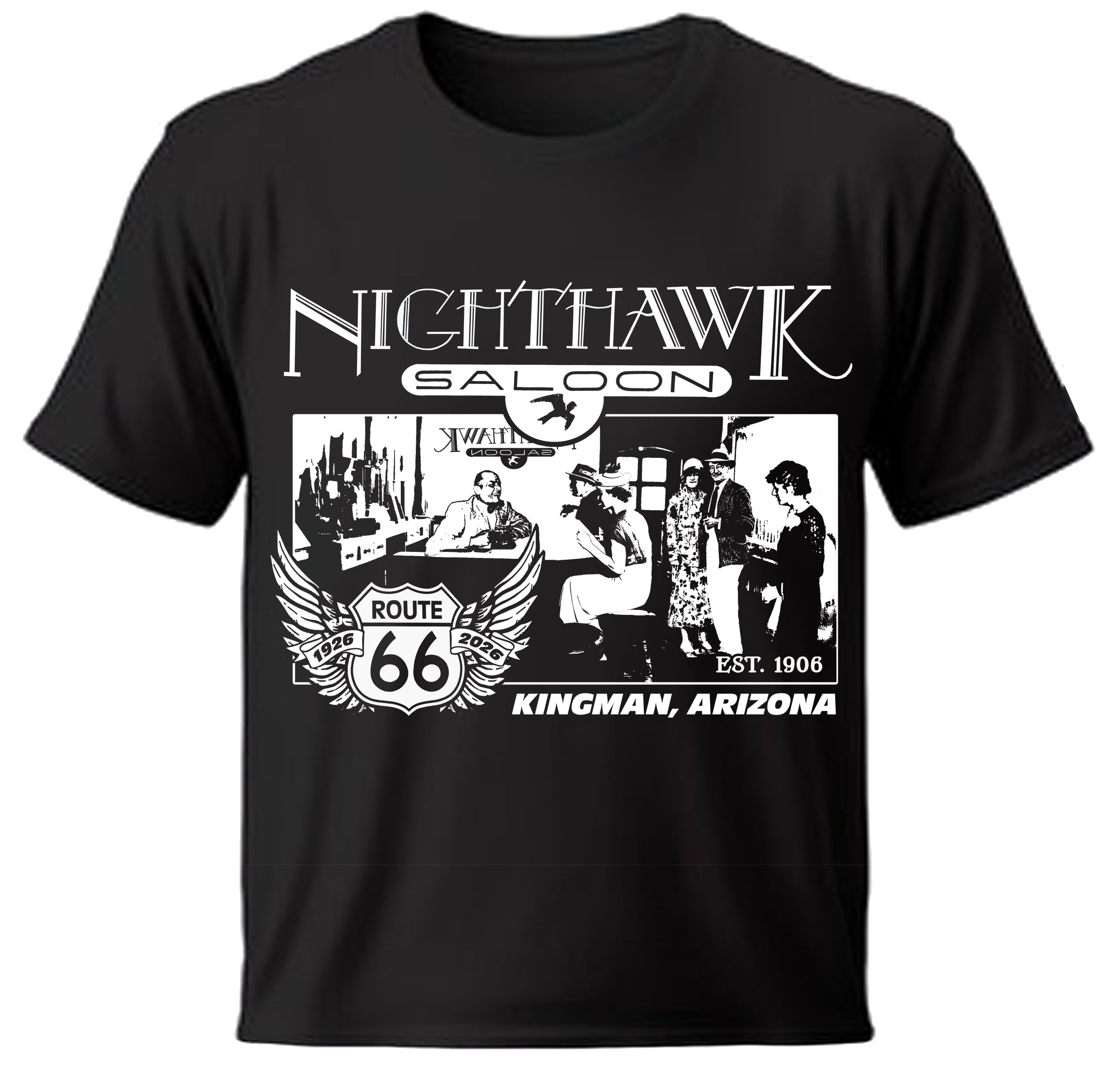 Black t-shirt with 'Nighthawk Saloon' Route 66 graphic design on a white background