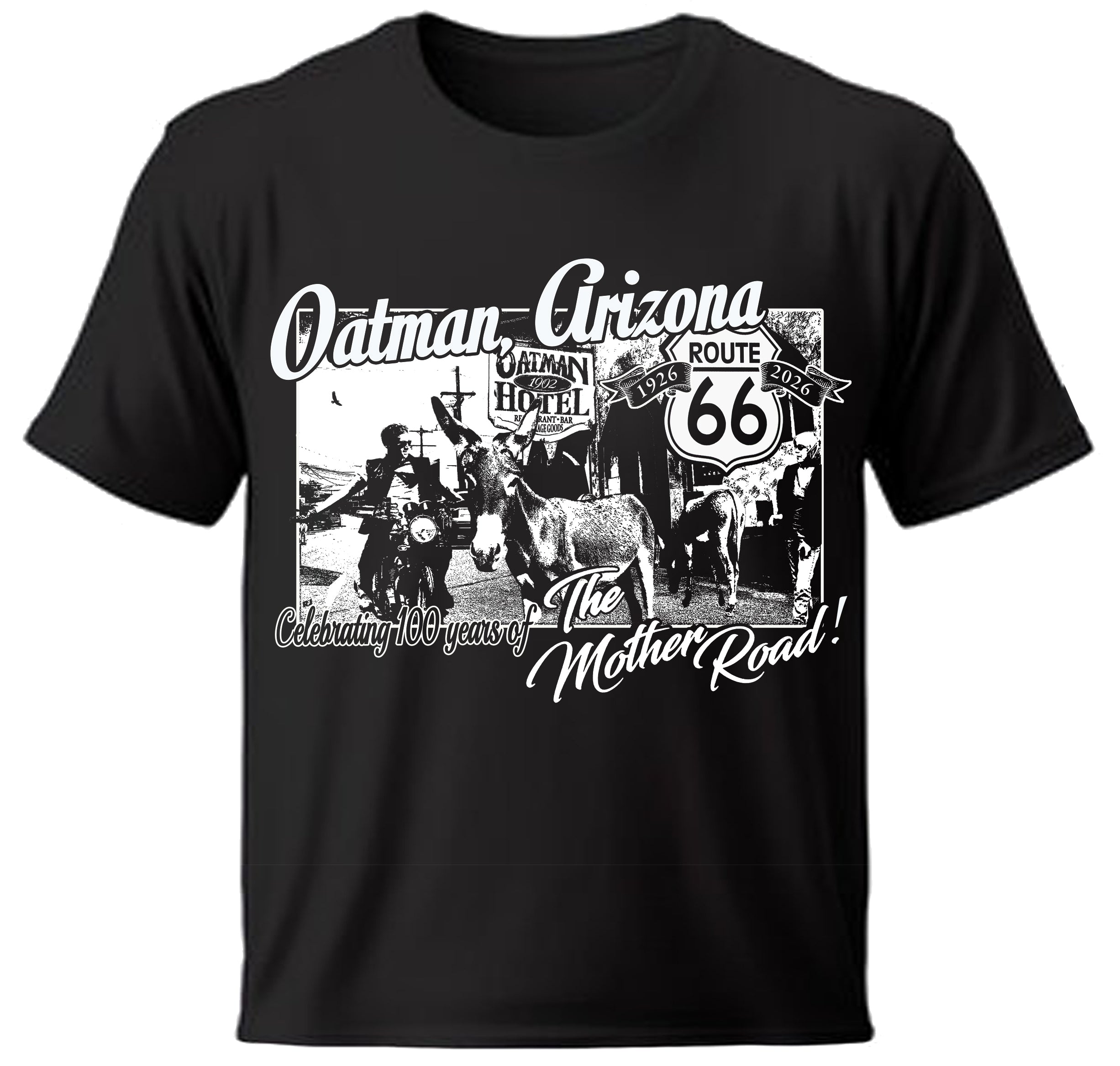 Black t-shirt with vintage graphic and text about Route 66 in Oatman, Arizona.