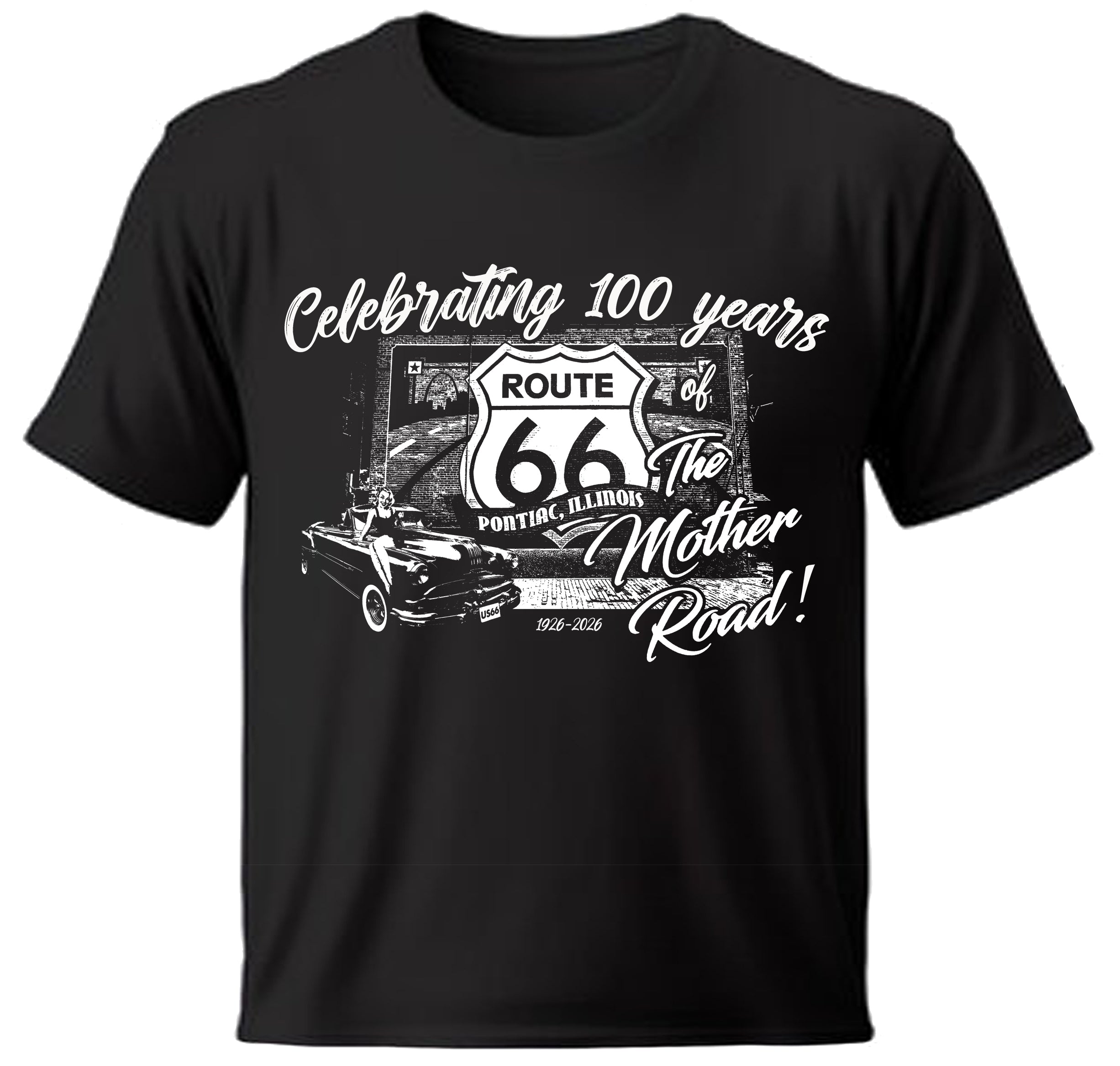Black Pontiac, Illinois t-shirt with Route 66 graphic and text celebrating 100 years on a white background

