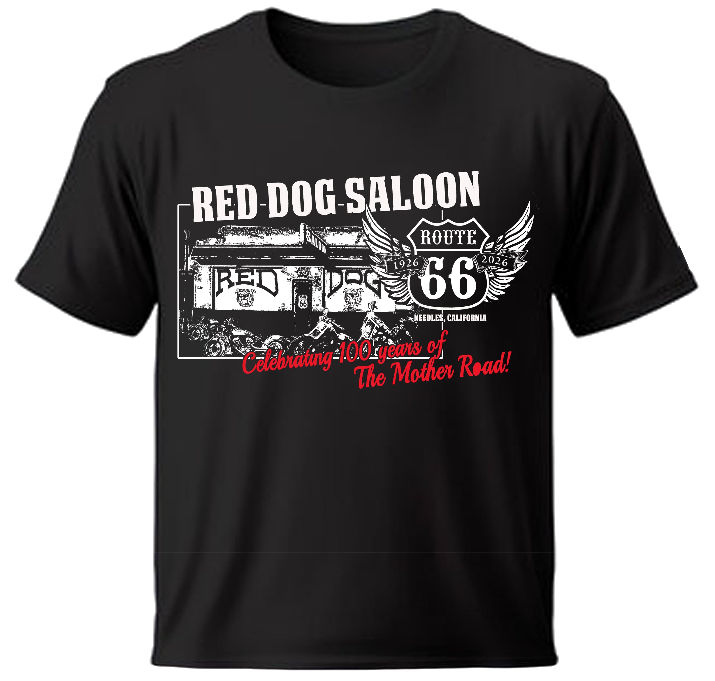 Black t-shirt with 'Red Dog Saloon Route 66' graphic design on a white background


