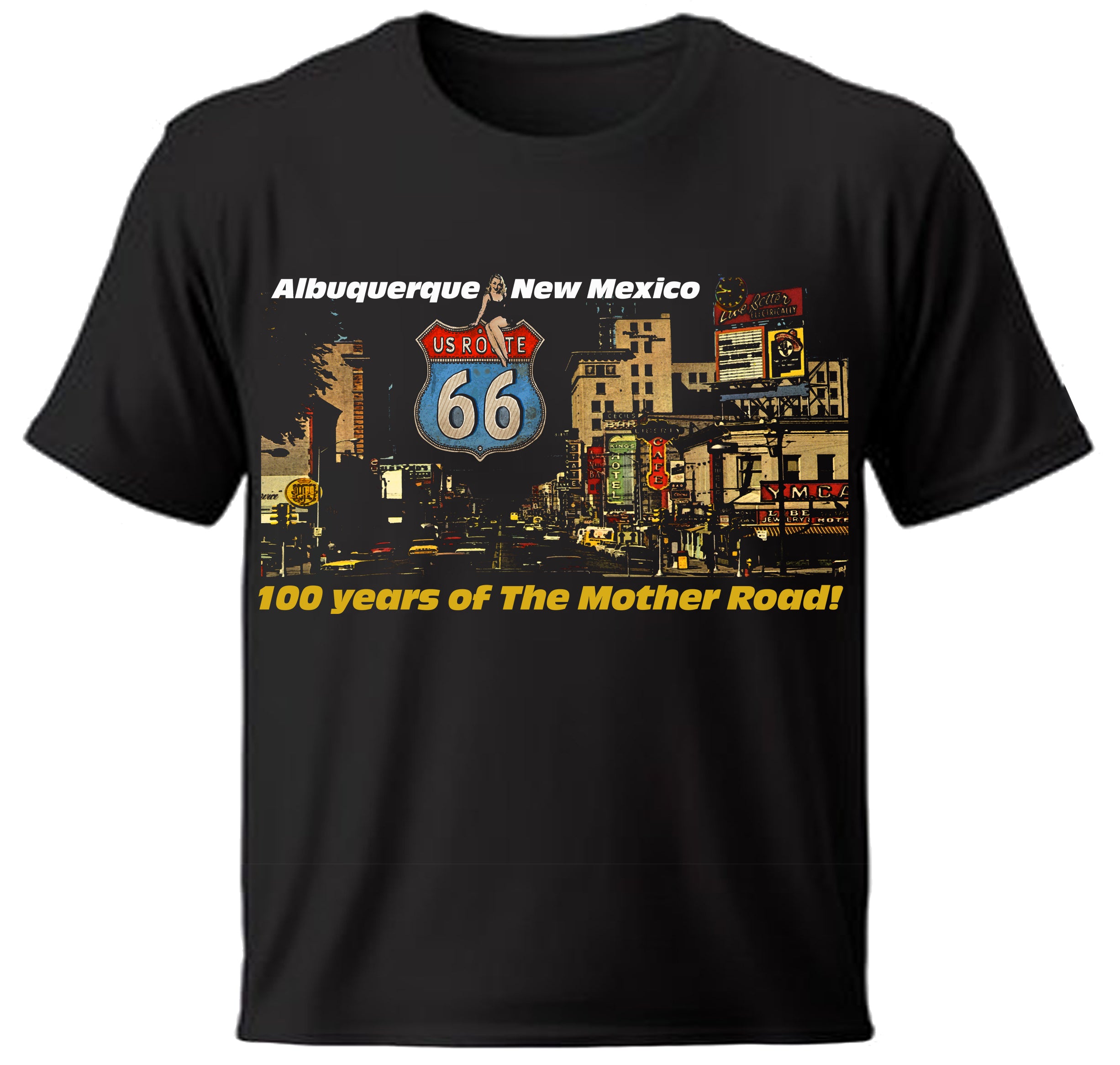 Black t-shirt with full color Albuquerque, New Mexico, and Route 66 design.