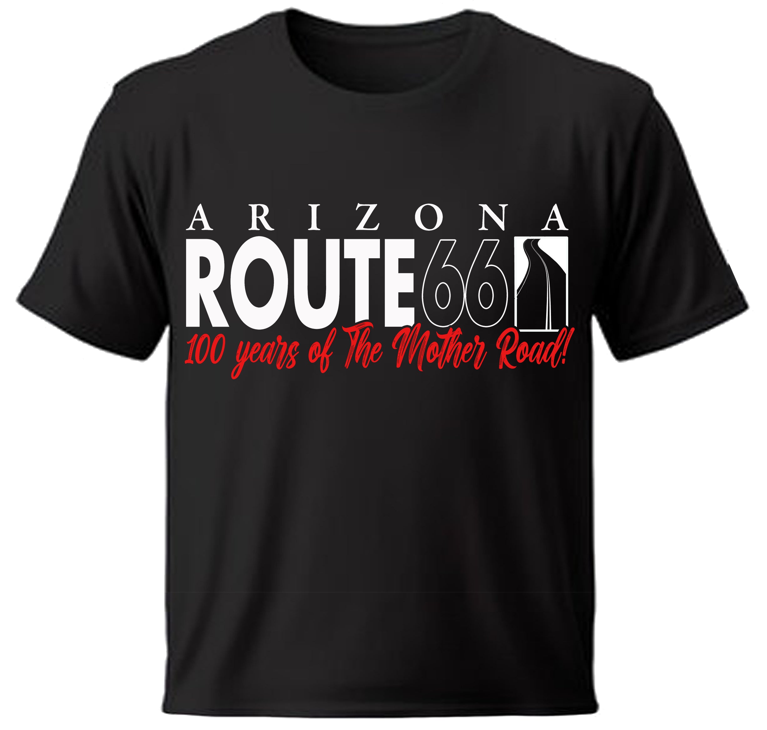 Black t-shirt with Arizona Route 66 text design on a white background