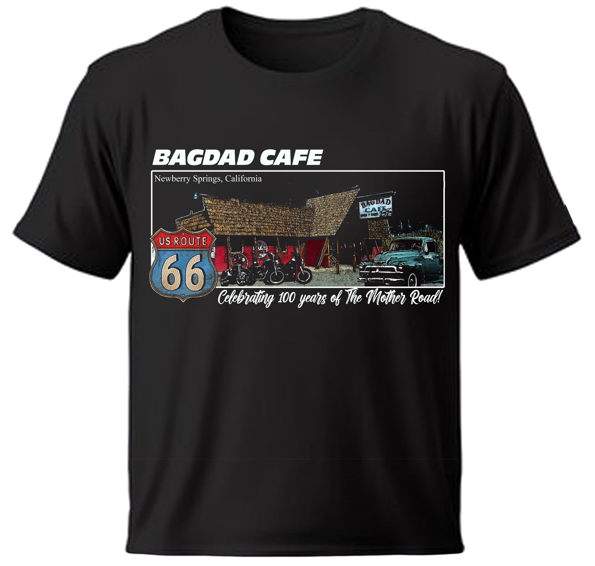 Black t-shirt with Bagdad Cafe graphic and Route 66 design commemorating the other Road