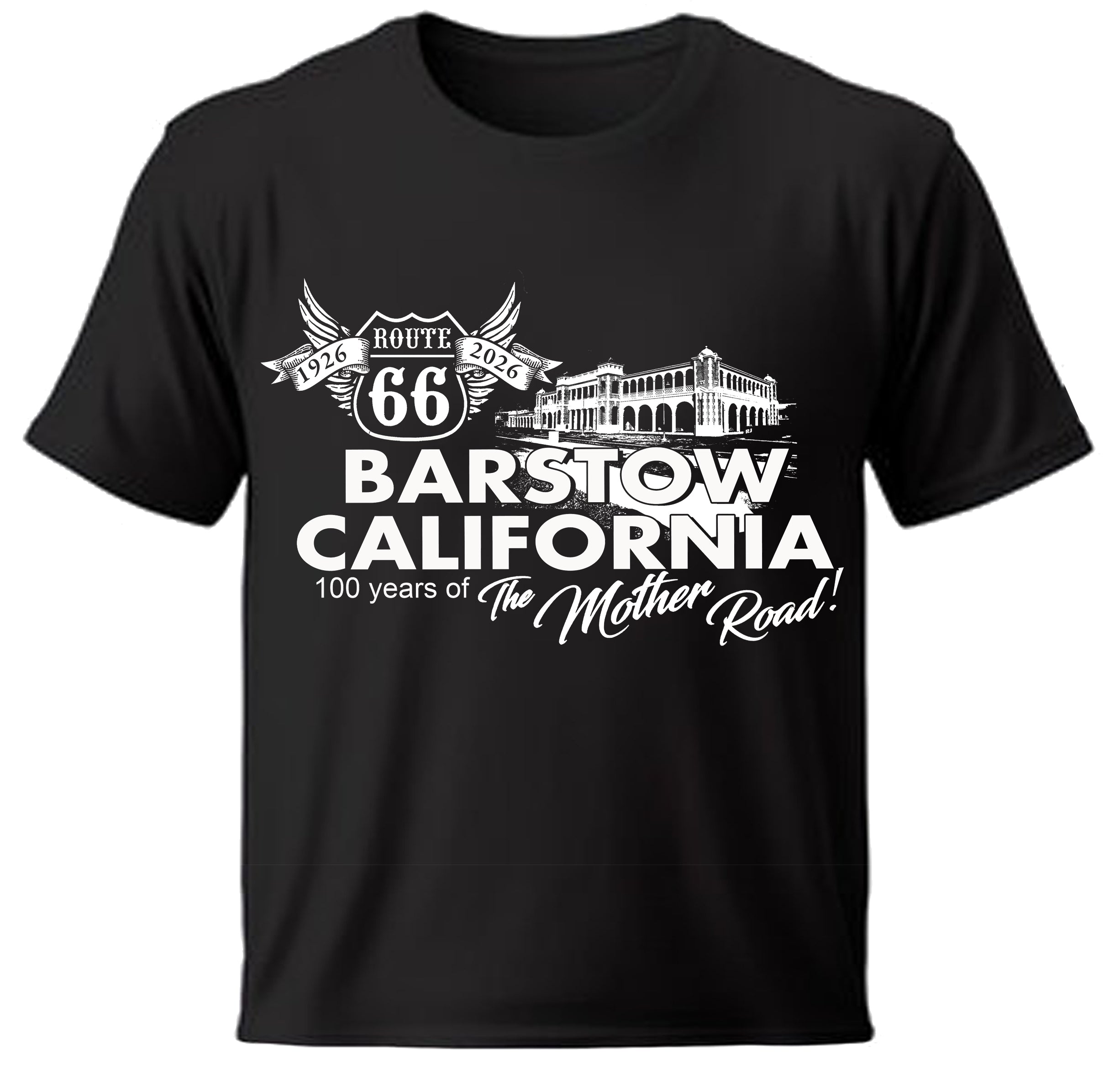 Black t-shirt with white graphic and text about Barstow, California and Route 66.

