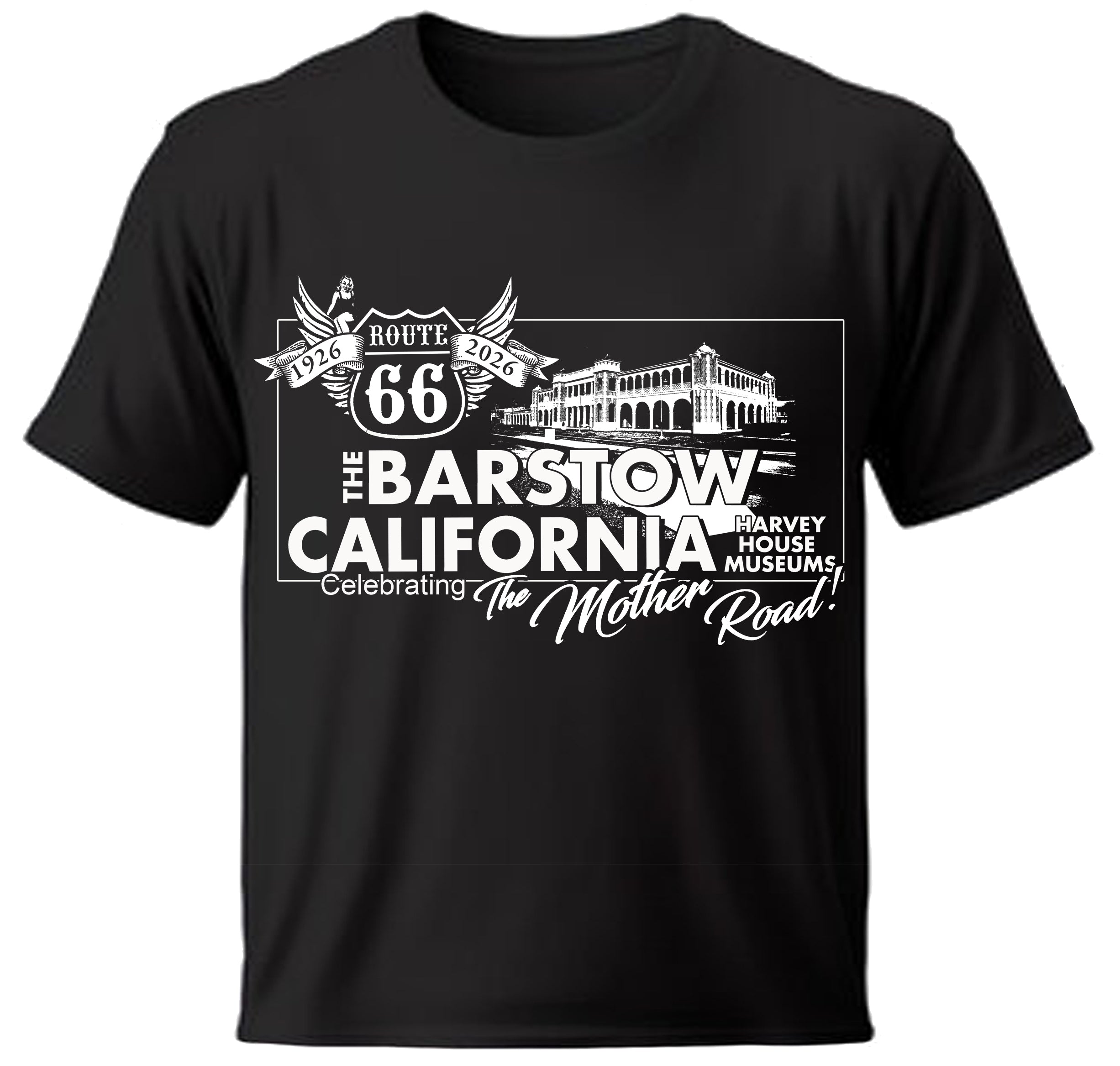 Black Route 66 Barstow California t-shirt with white graphic and text
