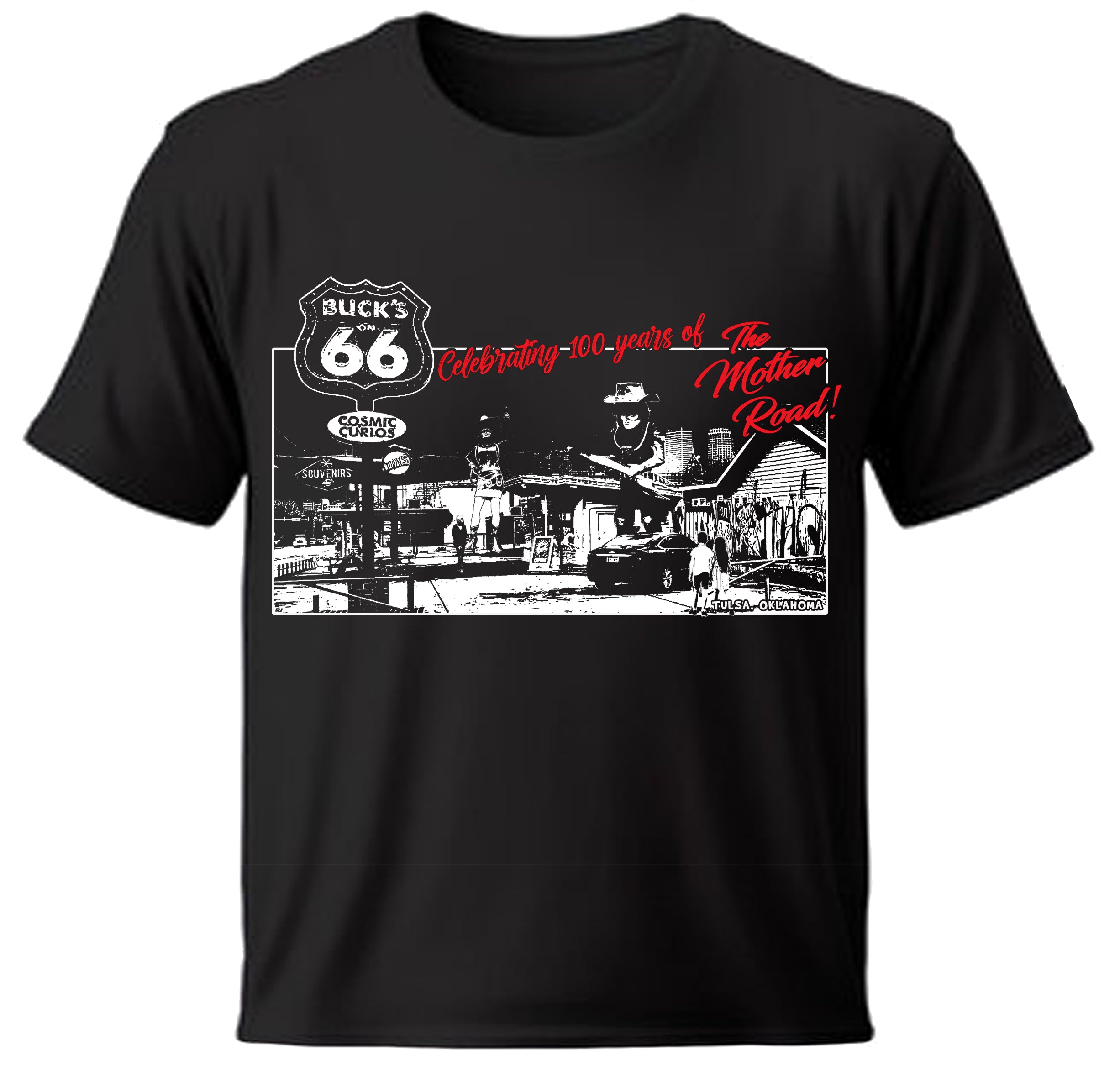 Black t-shirt with graphic design featuring Route 66 and Buck Atom cowboy