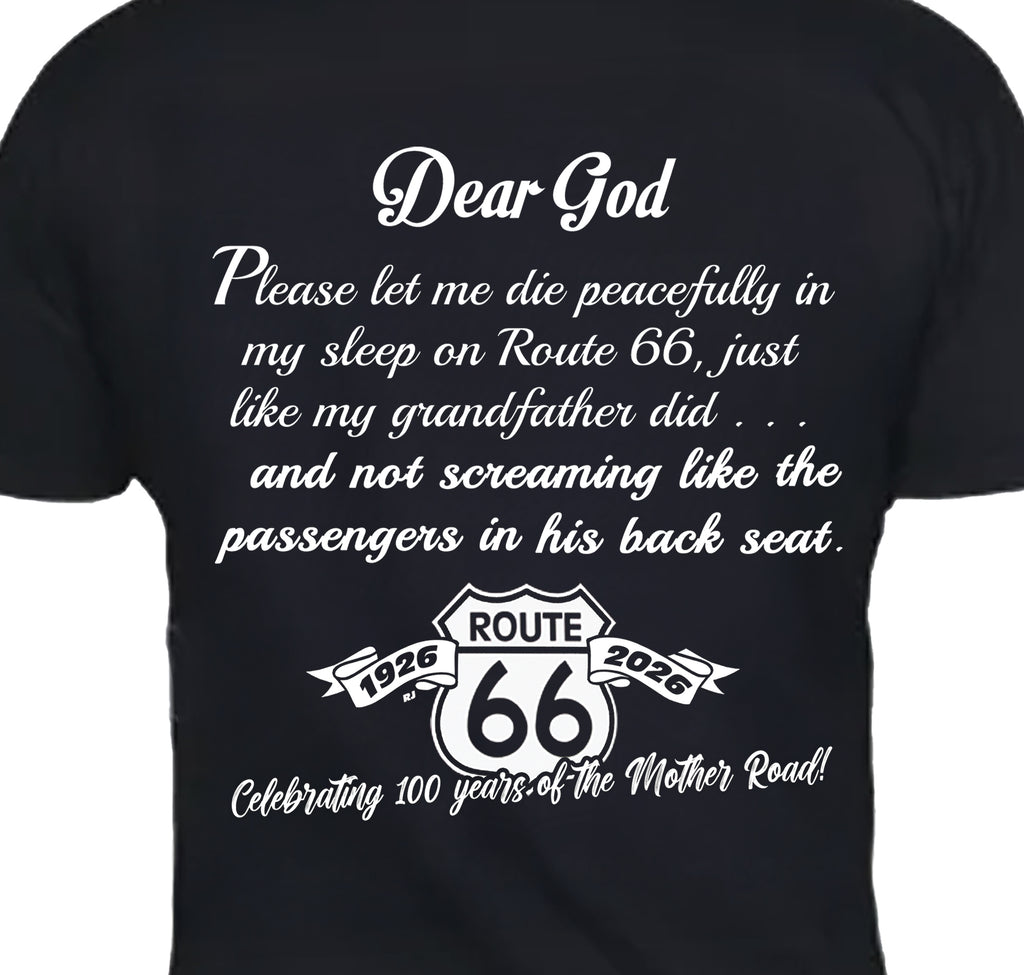 Black t-shirt with white Route 66 Prayer text and logo
