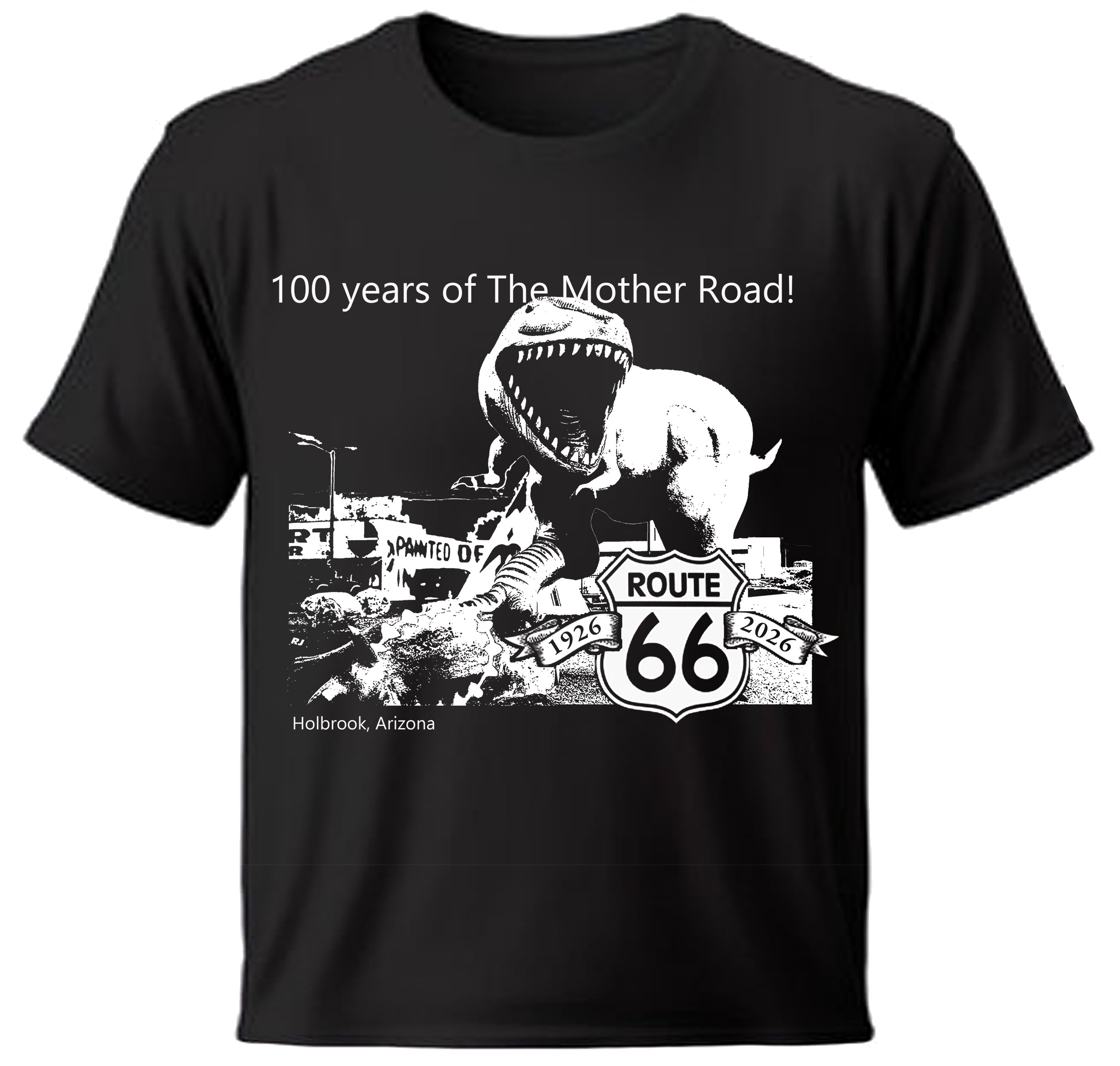 Black Holbrook Dinosaur t-shirt with Route 66 graphic and text on a white background