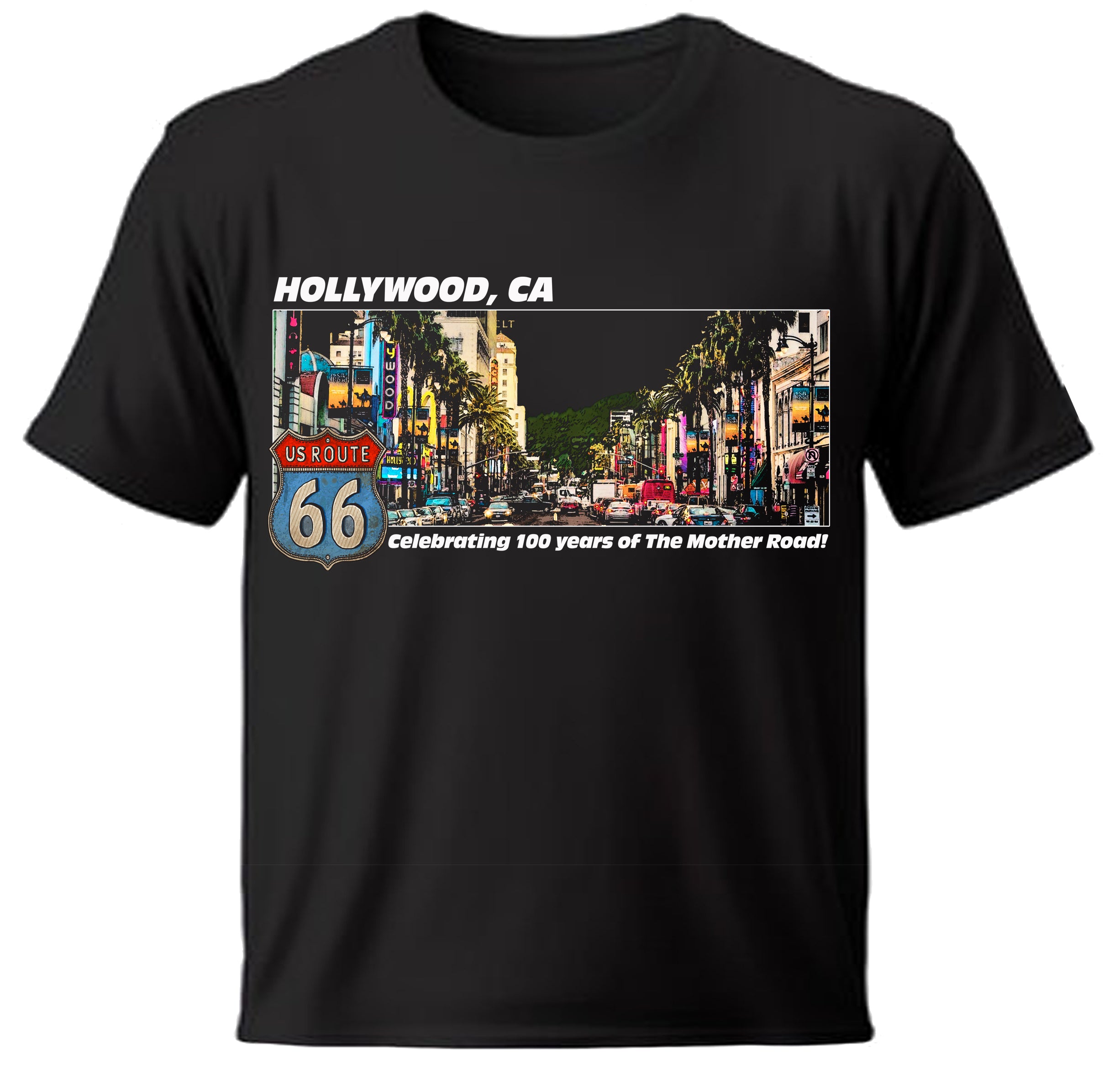 Black t-shirt with a graphic of Hollywood, CA and US Route 66