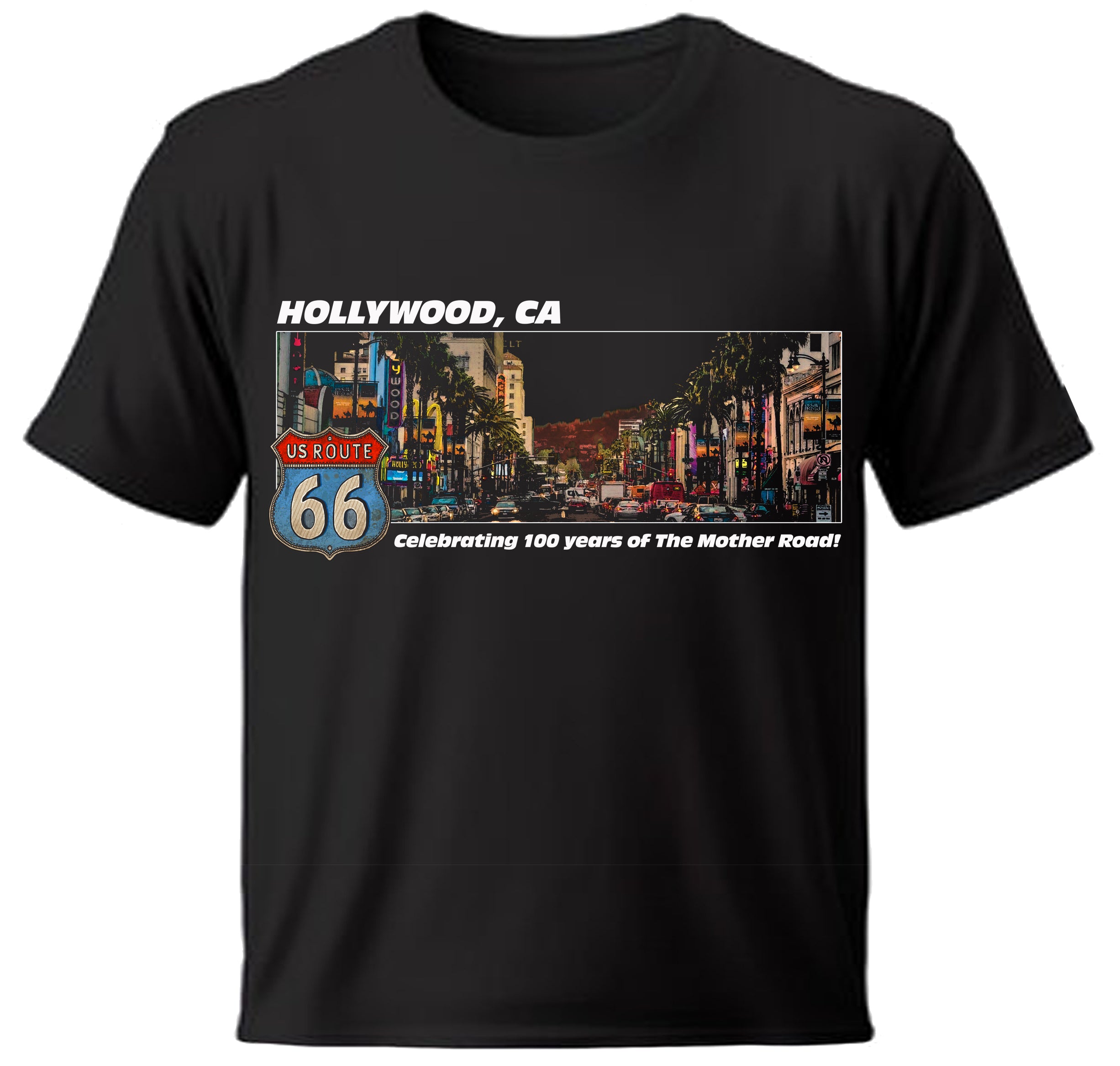 Black t-shirt with a graphic of Hollywood, CA and US Route 66 on a white background