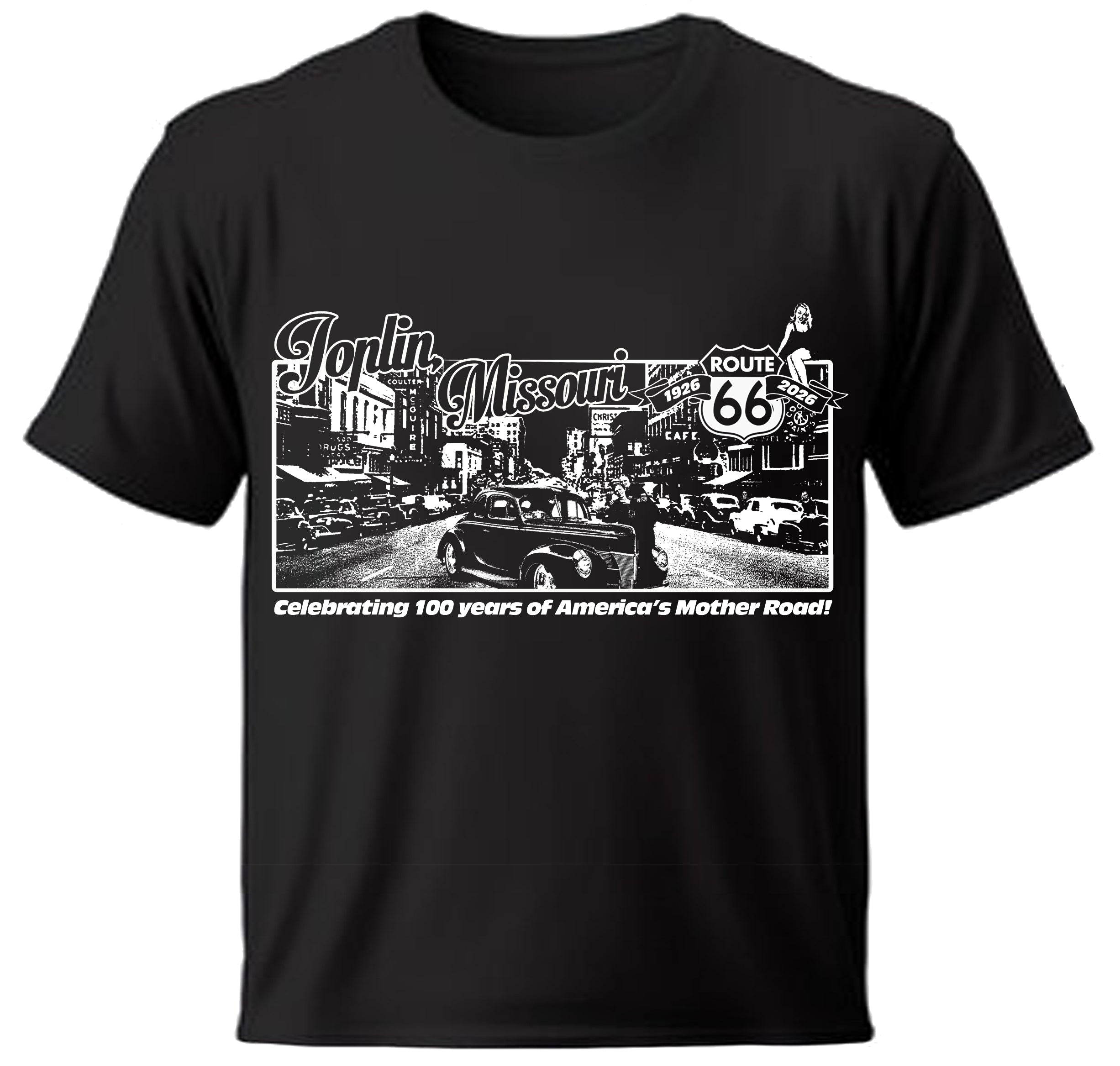 Black t-shirt with Route 66 graphic featuring Bonnie and Clyde in Joplin, Missouri design on a white background