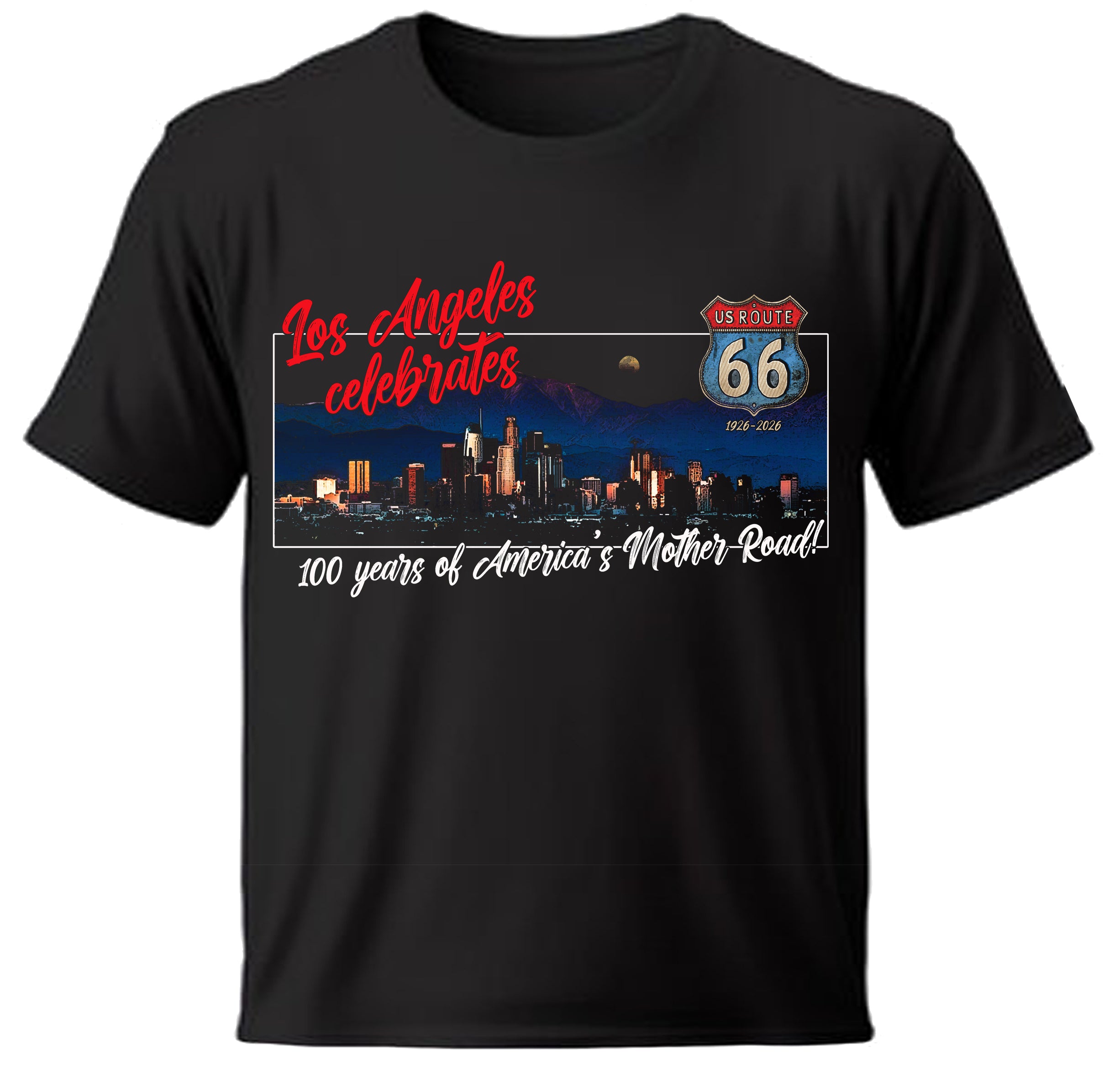 Black t-shirt with full color Los Angeles and Route 66  graphic design.