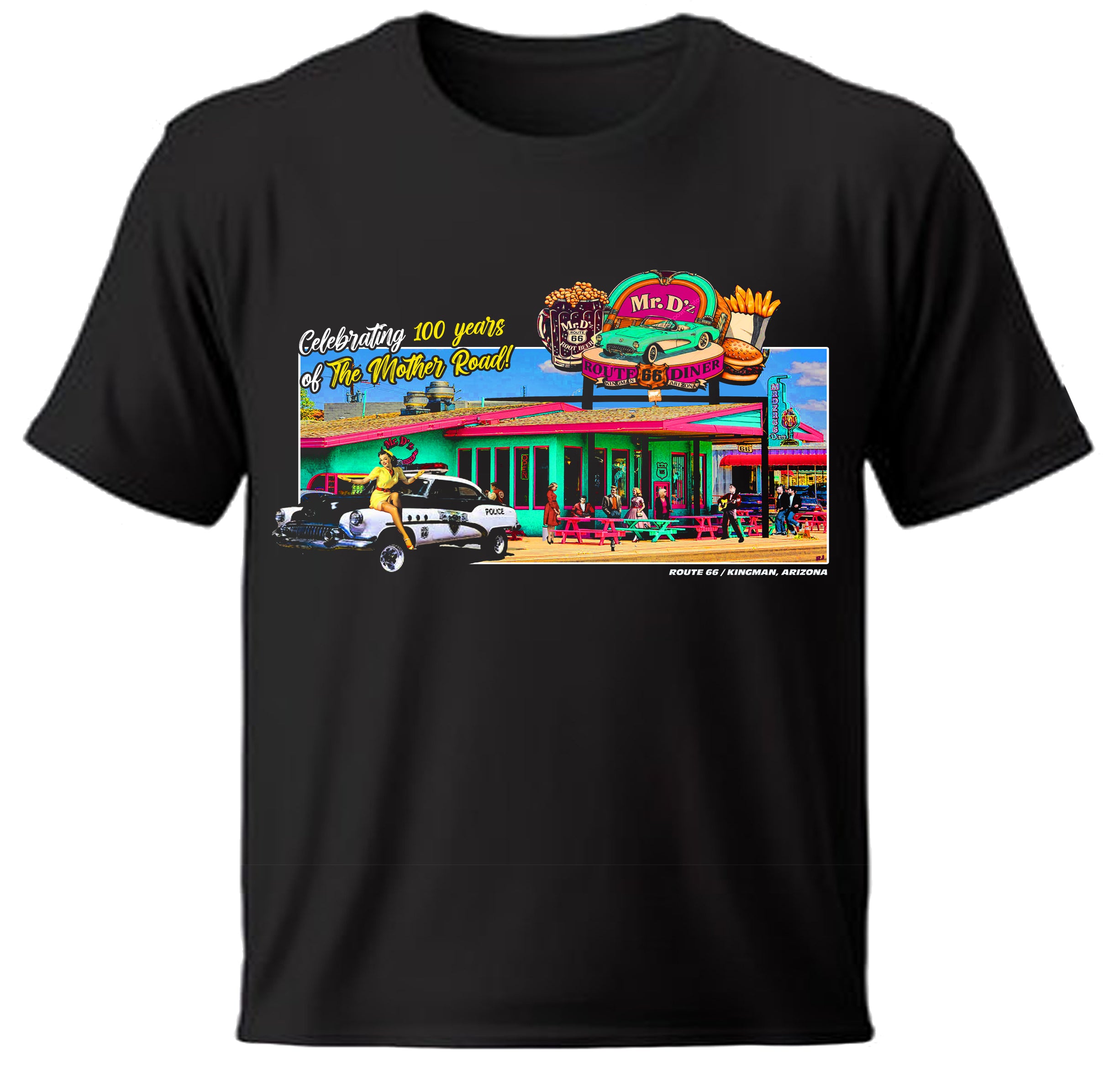 Black t-shirt with a colorful graphic of Mr. D'z and text