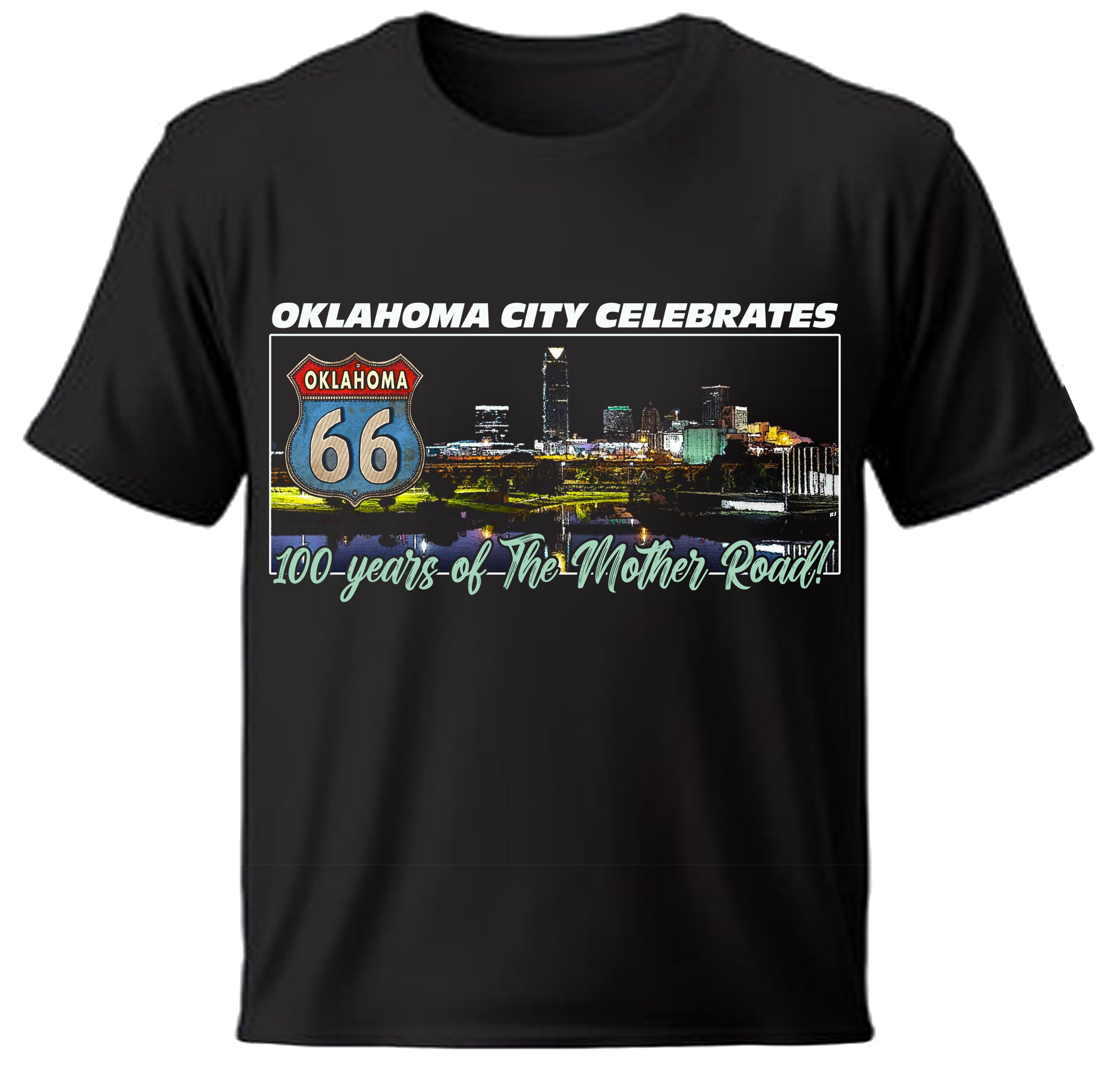 Black t-shirt with Oklahoma City skyline and Route 66 design on a white background