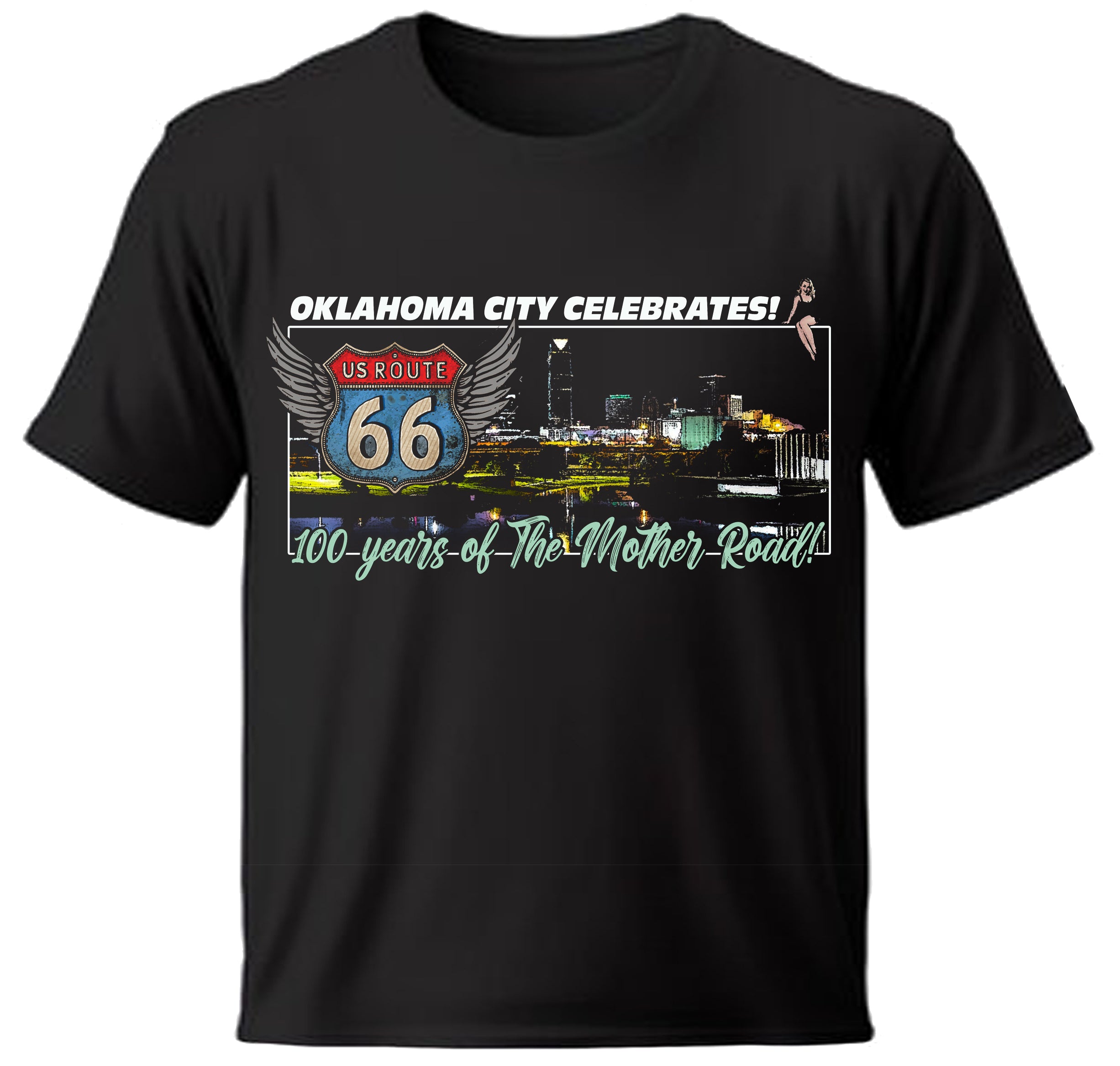 Black t-shirt with Route 66 graphic and text about Oklahoma City celebrating 100 years of the Mother Road.