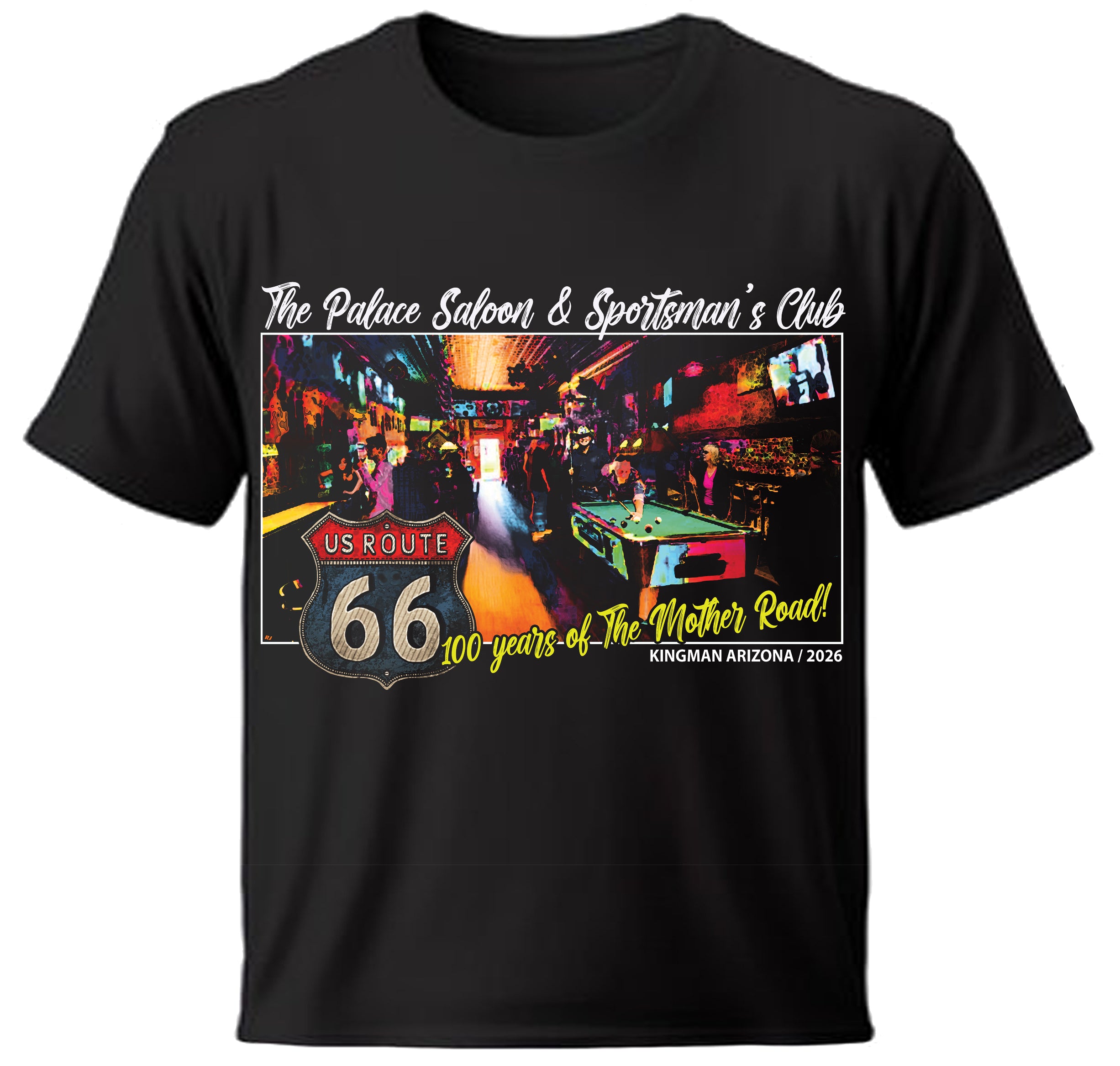 Black t-shirt with a colorful Kingman, Arizona Palca Saloon graphic of a bar scene and Route 66 design .