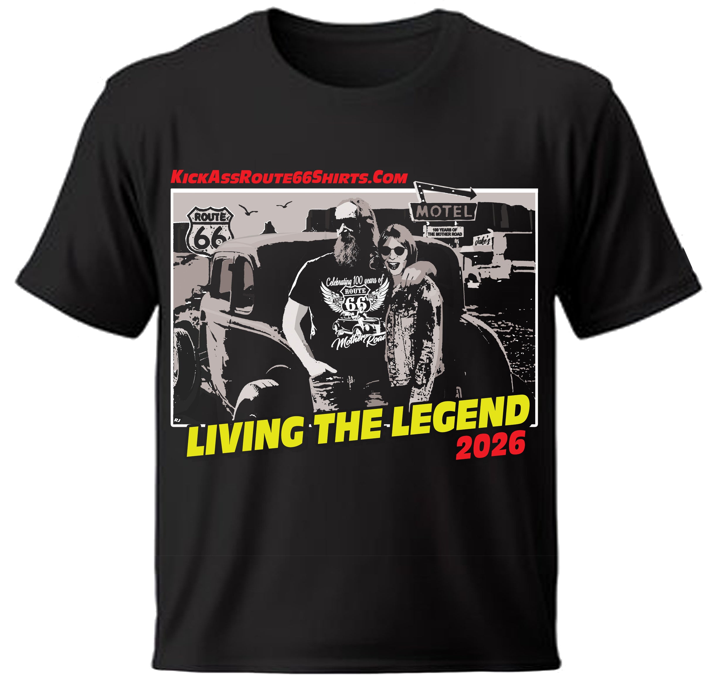 Route 66 t-shirt with graphic design featuring Ray and Adrienne and text 'Living the Legend 2026' on a white 