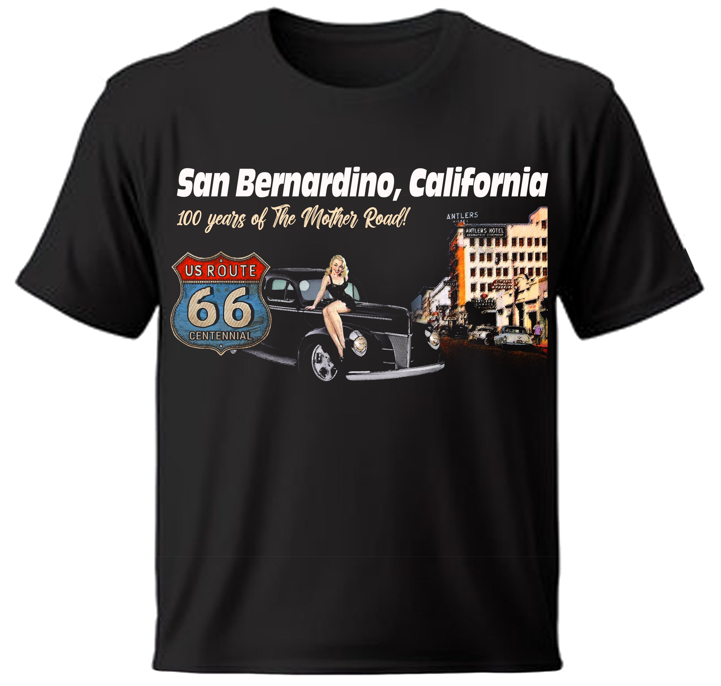 Vintage Route 66 Centennial t-shirt with graphic design featuring San Bernardino, CA