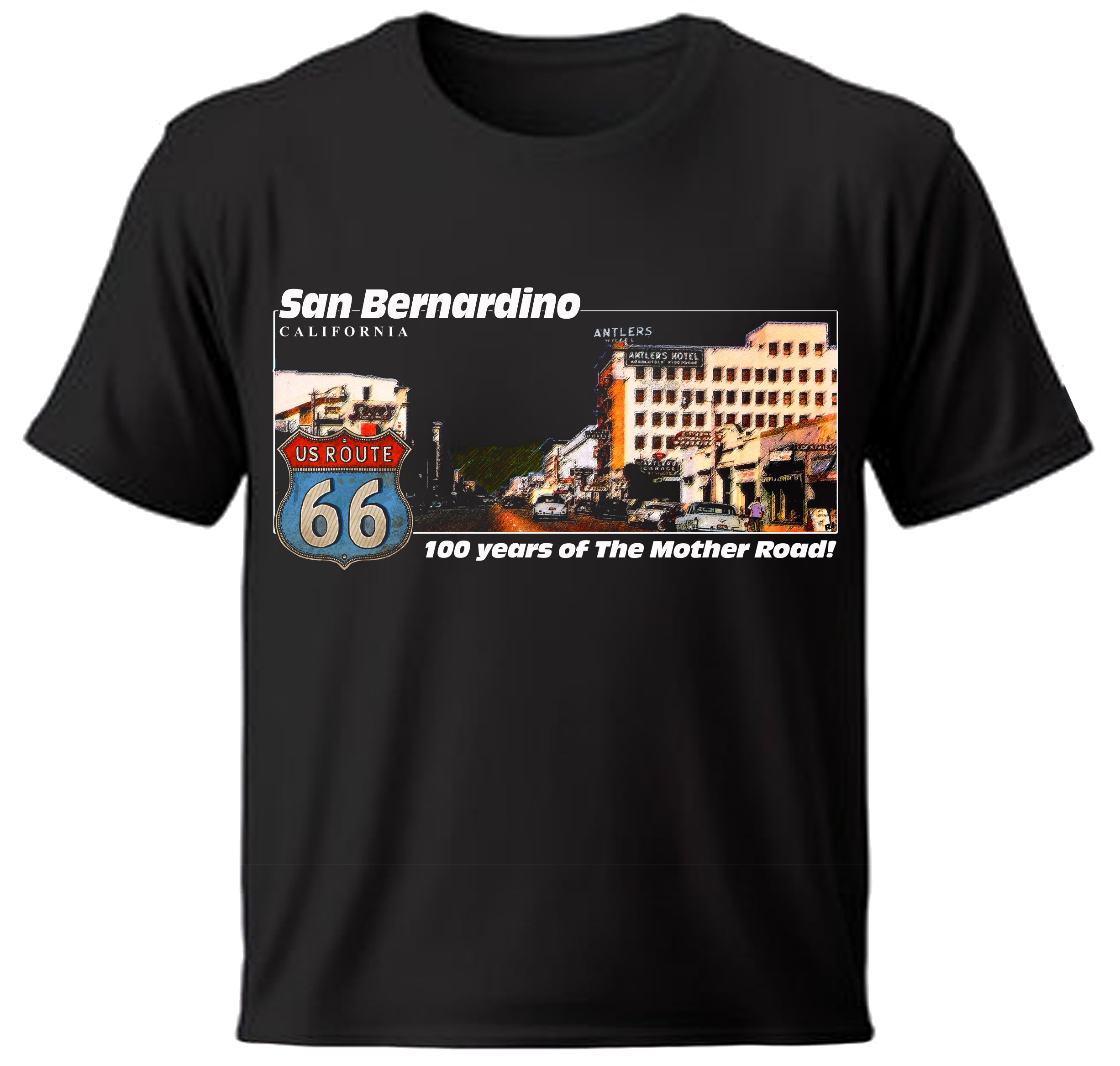 Black Route 66 Centennial t-shirt with a graphic design featuring San Bernardino, California text.

