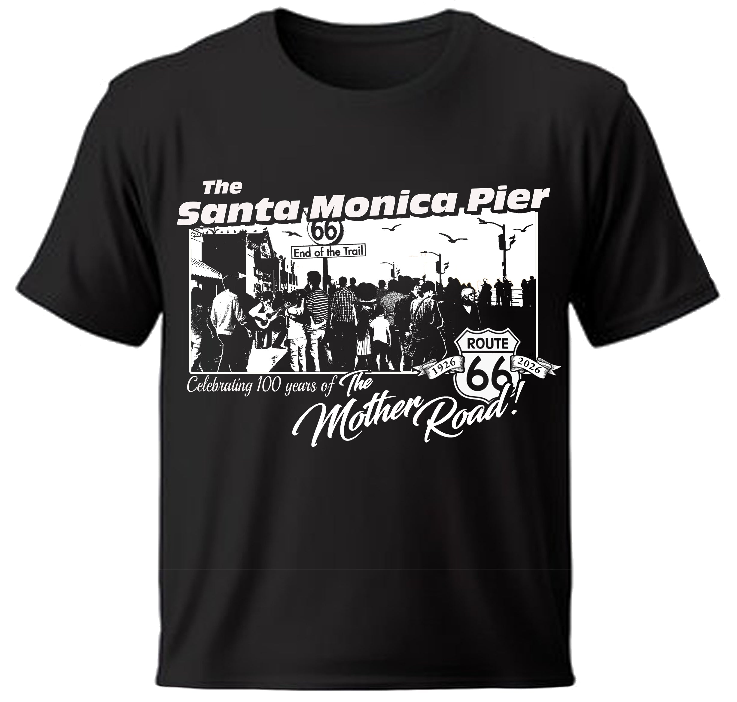 Black t-shirt with a graphic design of the Santa Monica Pier and Route 66 text.