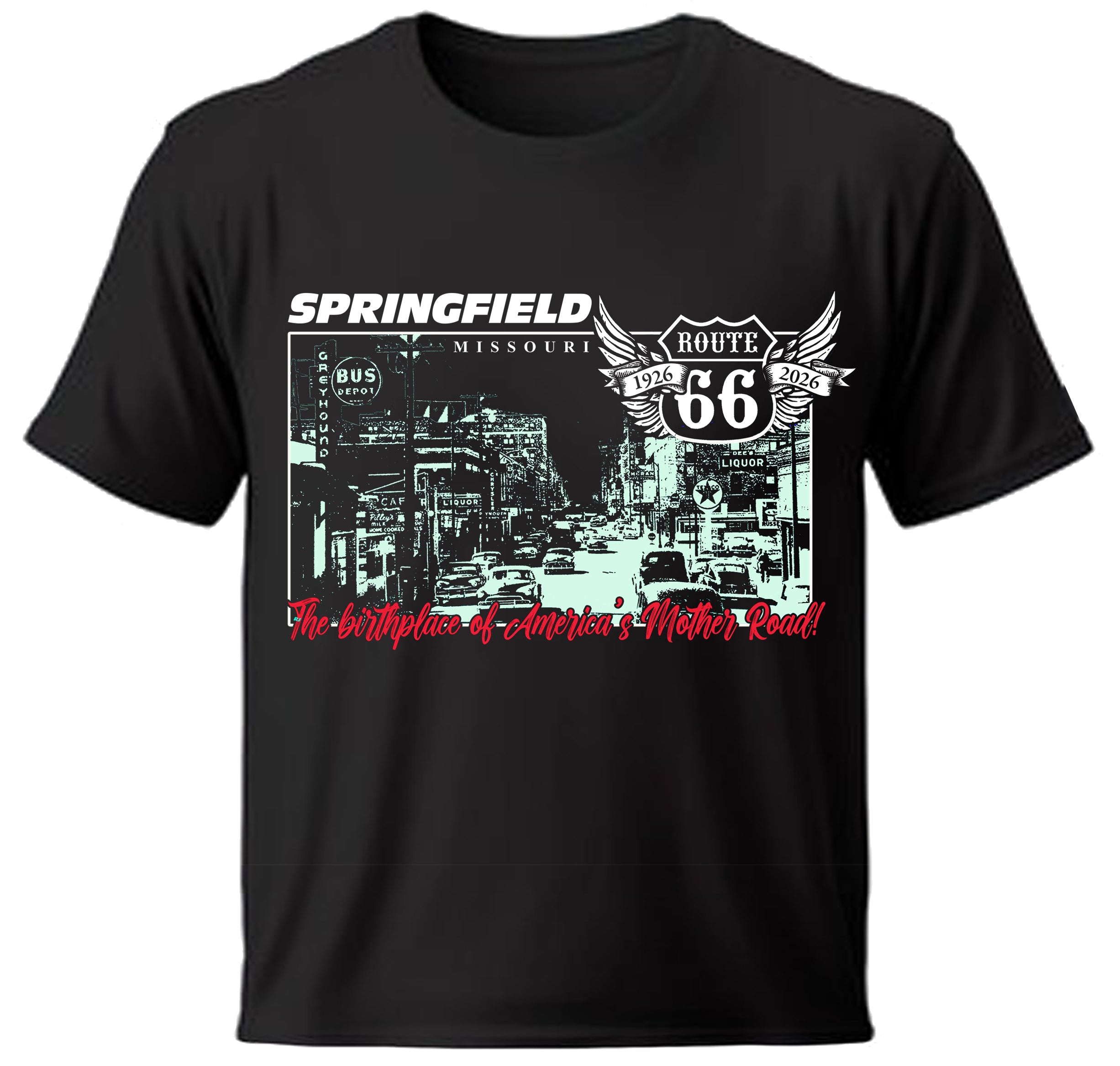 Black Springfield, Illinois t-shirt with Centennial Route 66 graphic