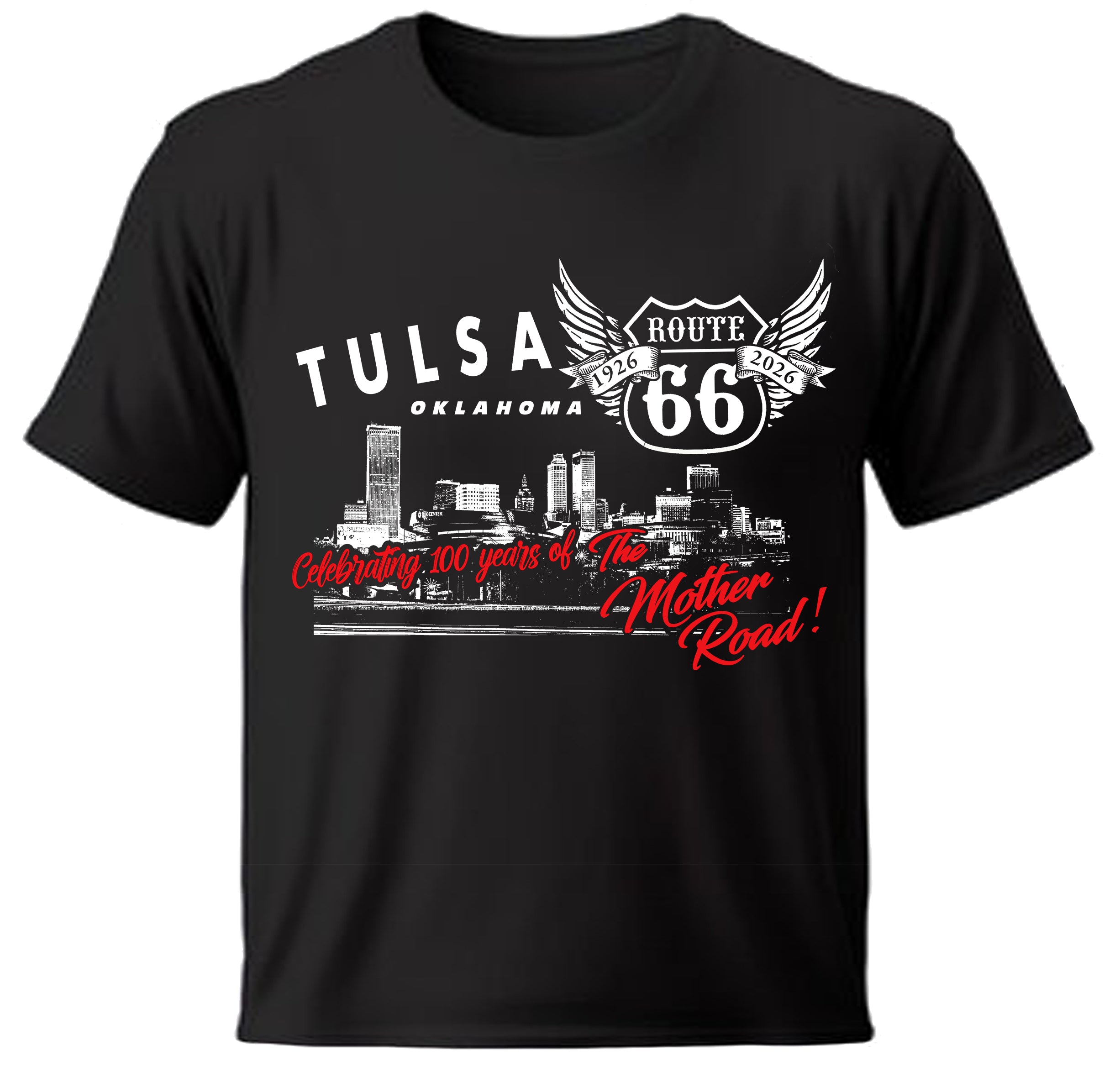 Black t-shirt with Tulsa, Oklahoma Route 66 design on a white background

