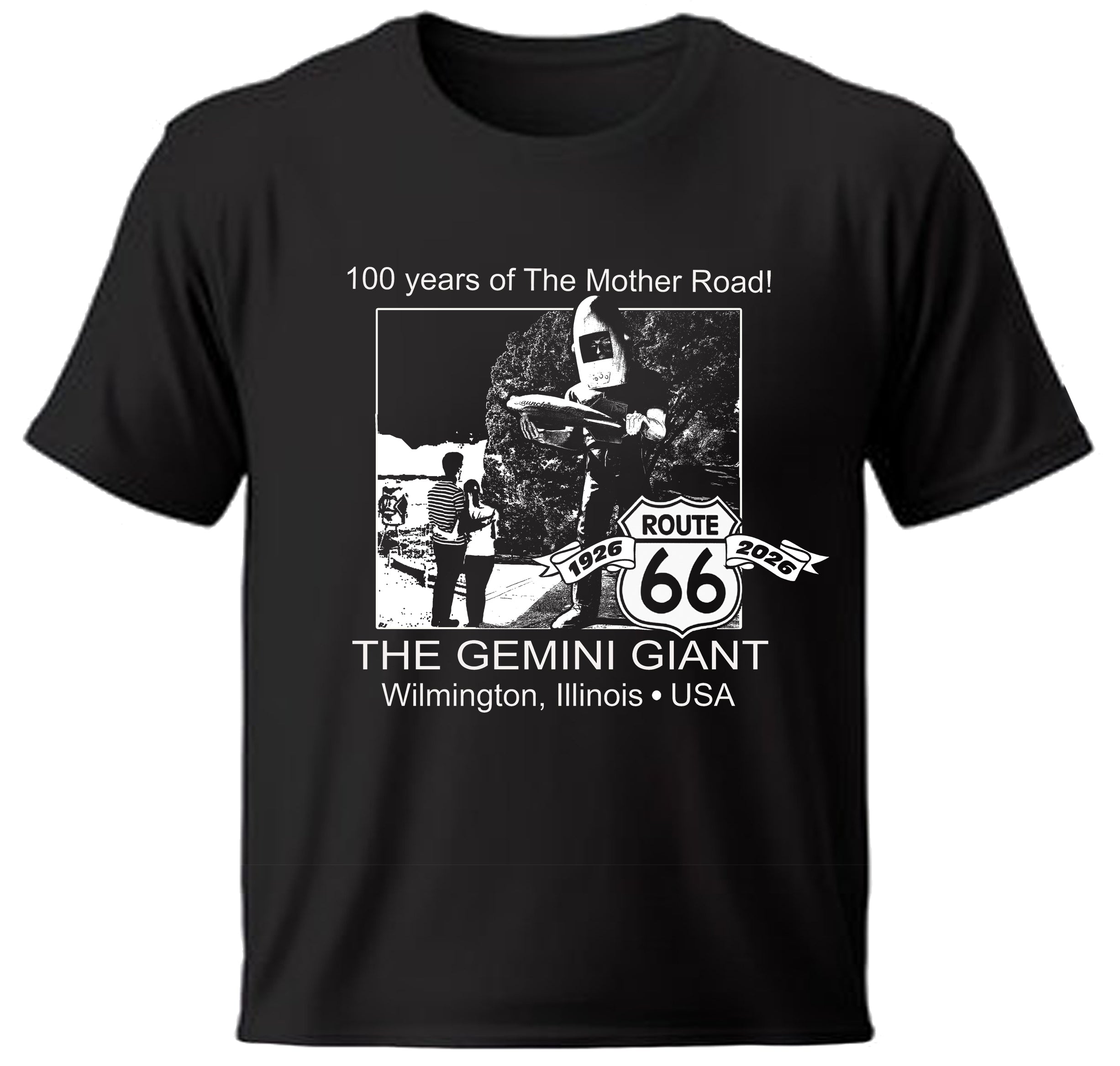 Black t-shirt with Route 66 Gemini Giant graphic and text 