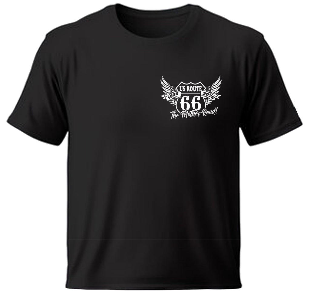 A. Celebrating 100 Years of Route 66 / Printed on Shirt Back with a Rt. 66 Logo on front left chest