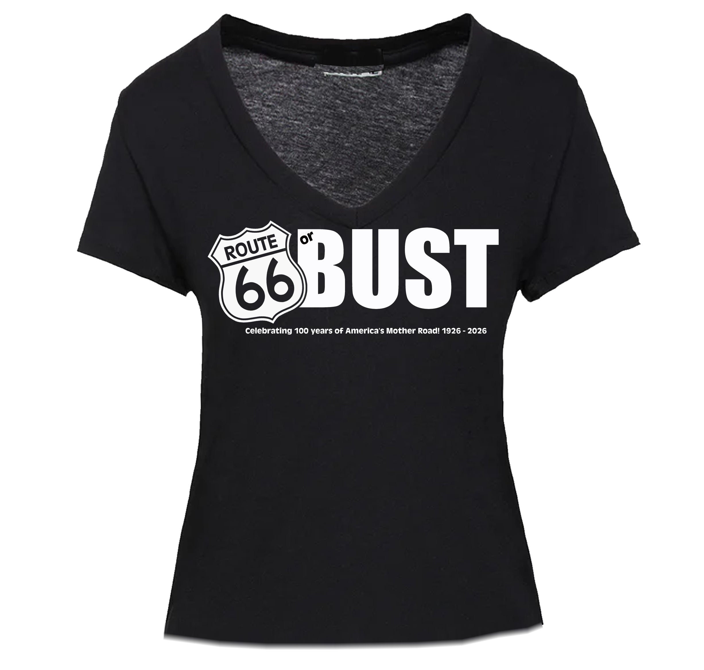 Black V-neck shirt with 'Route 66 Bust' graphic design on a white background