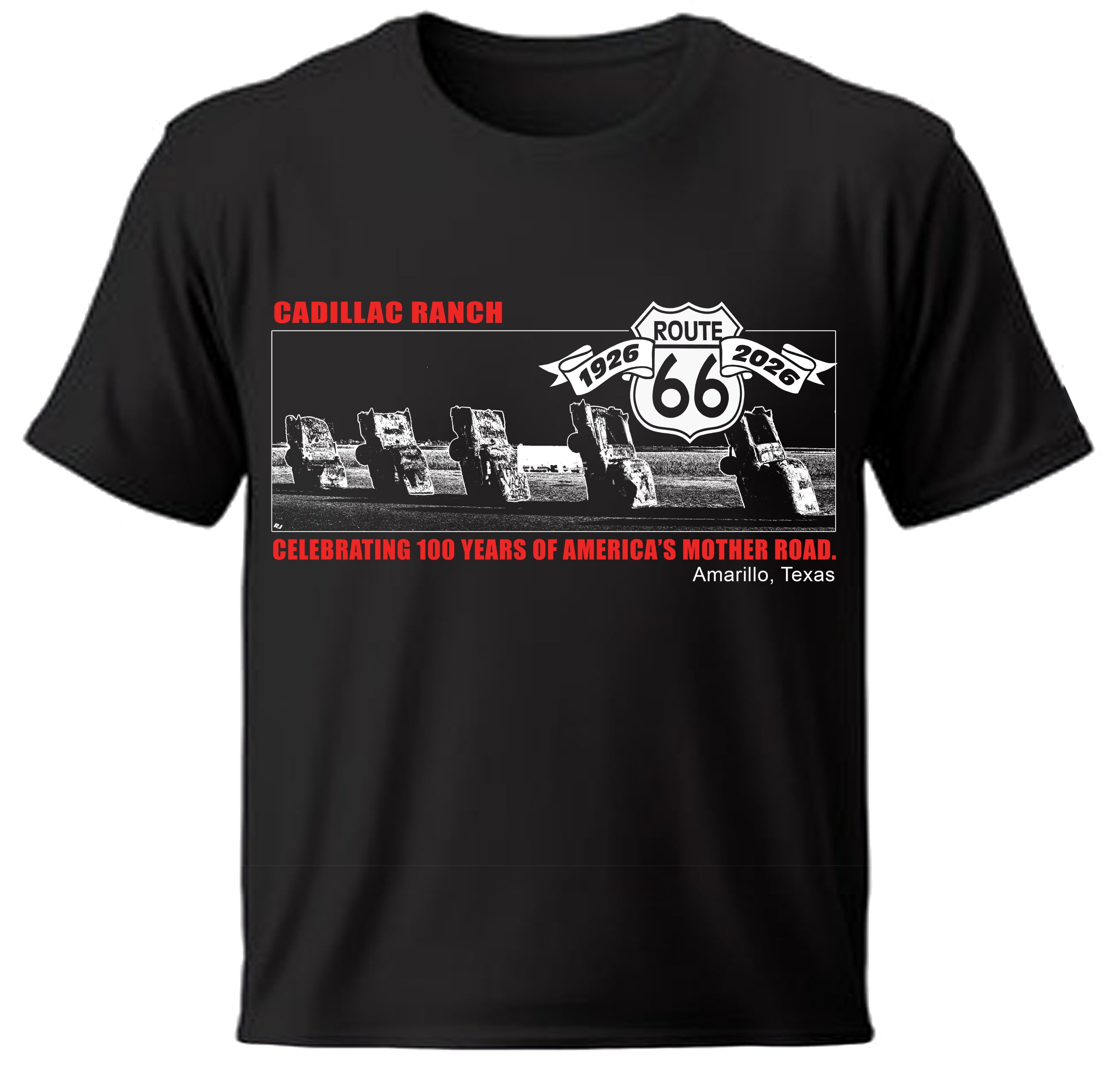 Black t-shirt with Route 66 and Cadillac Ranch graphic design on a white background