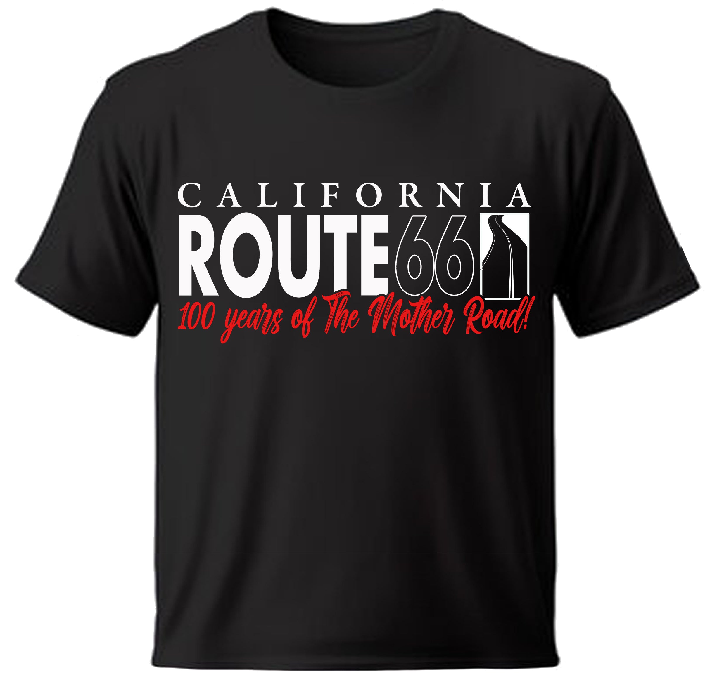 Black t-shirt with 'California Route 66' text design on a white background